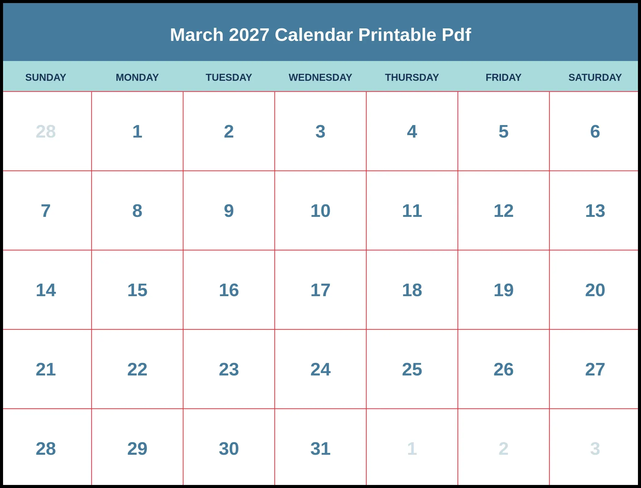 March 2027 Printable Pdf Calendar March 2027 Printable Pdf Calendar