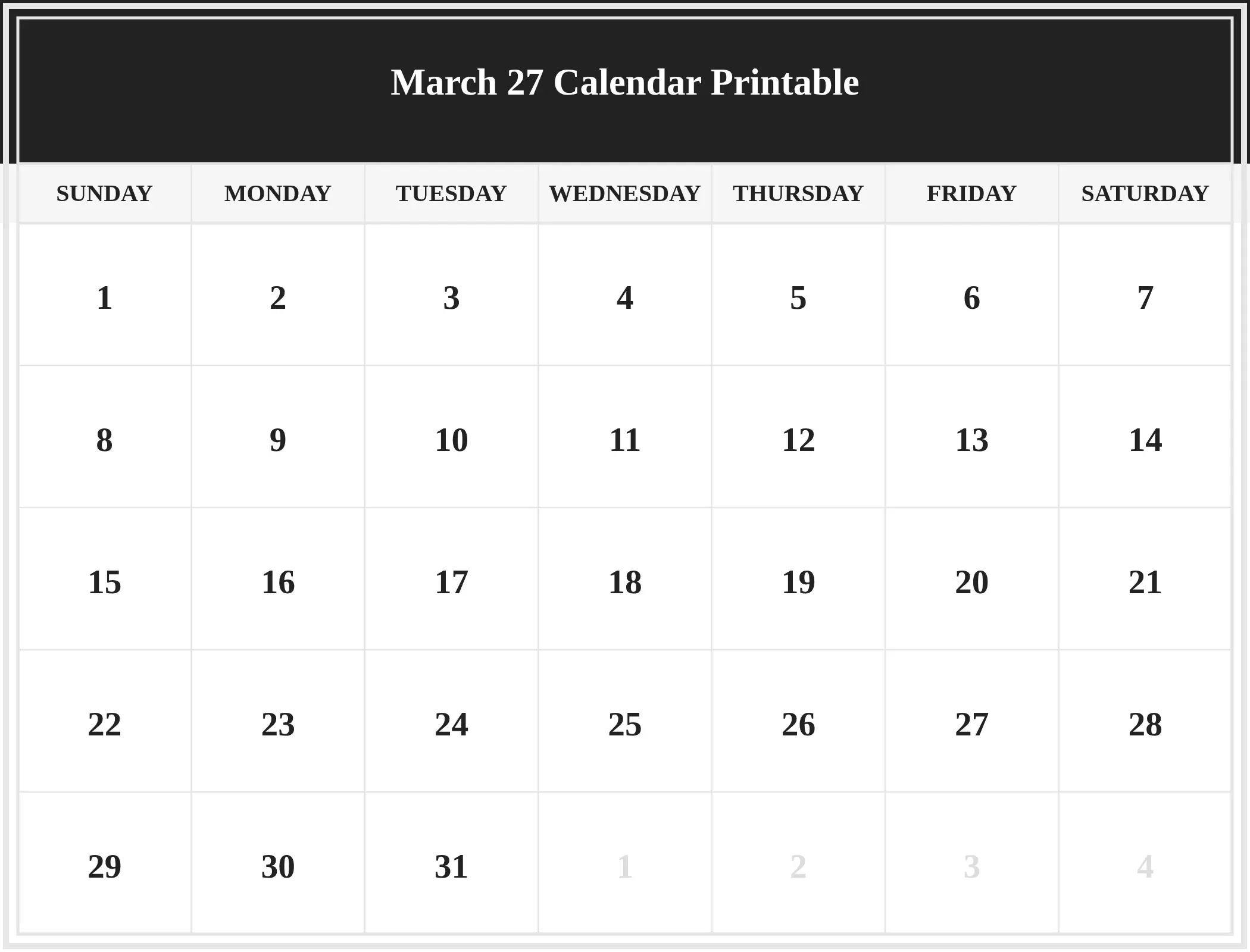 March 27 Calendar Printable Download Landscape March 27 Calendar Printable Download Landscape