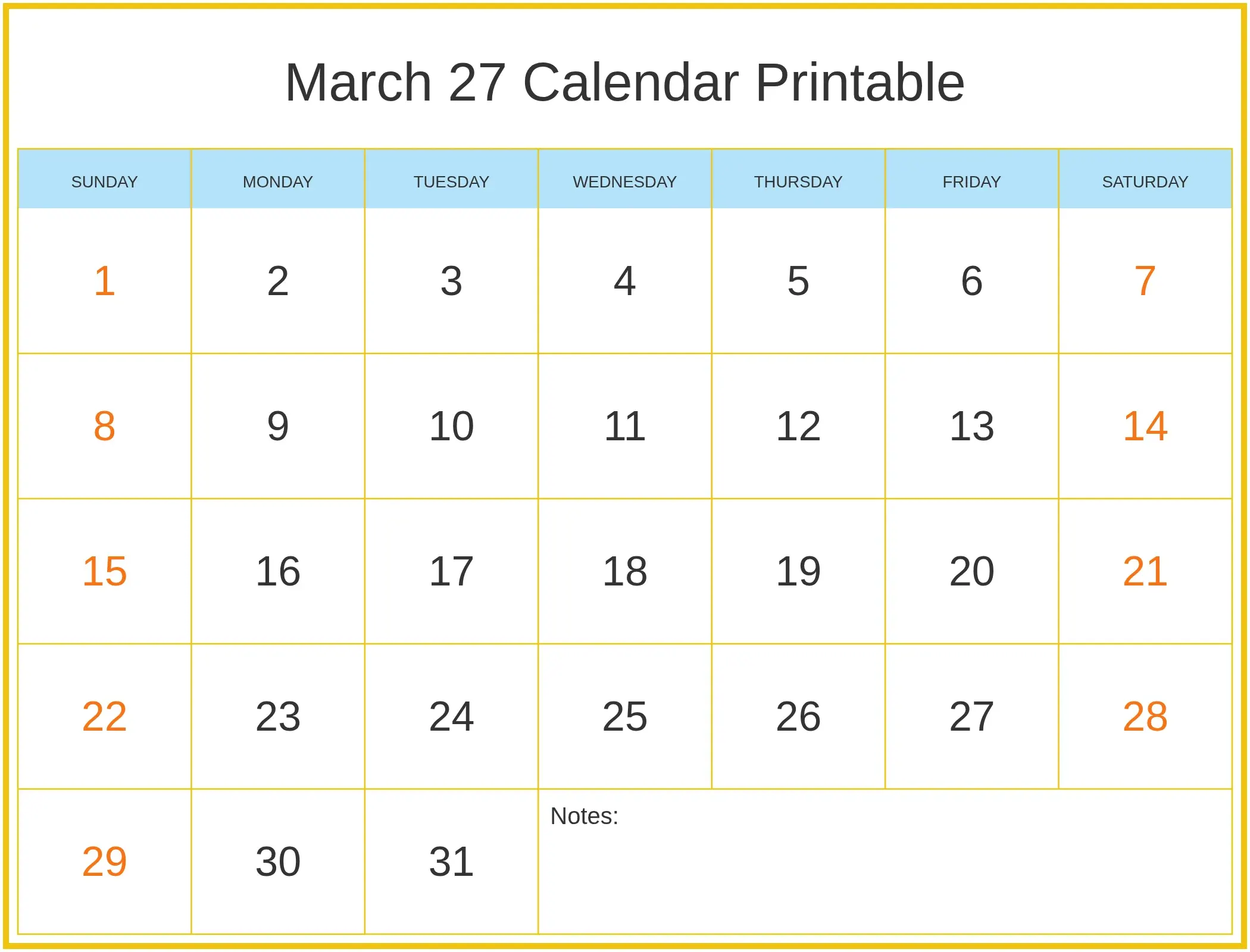 March 27 Calendar Printable with Notes Bottom Landscape March 27 Calendar Printable with Notes Bottom Landscape