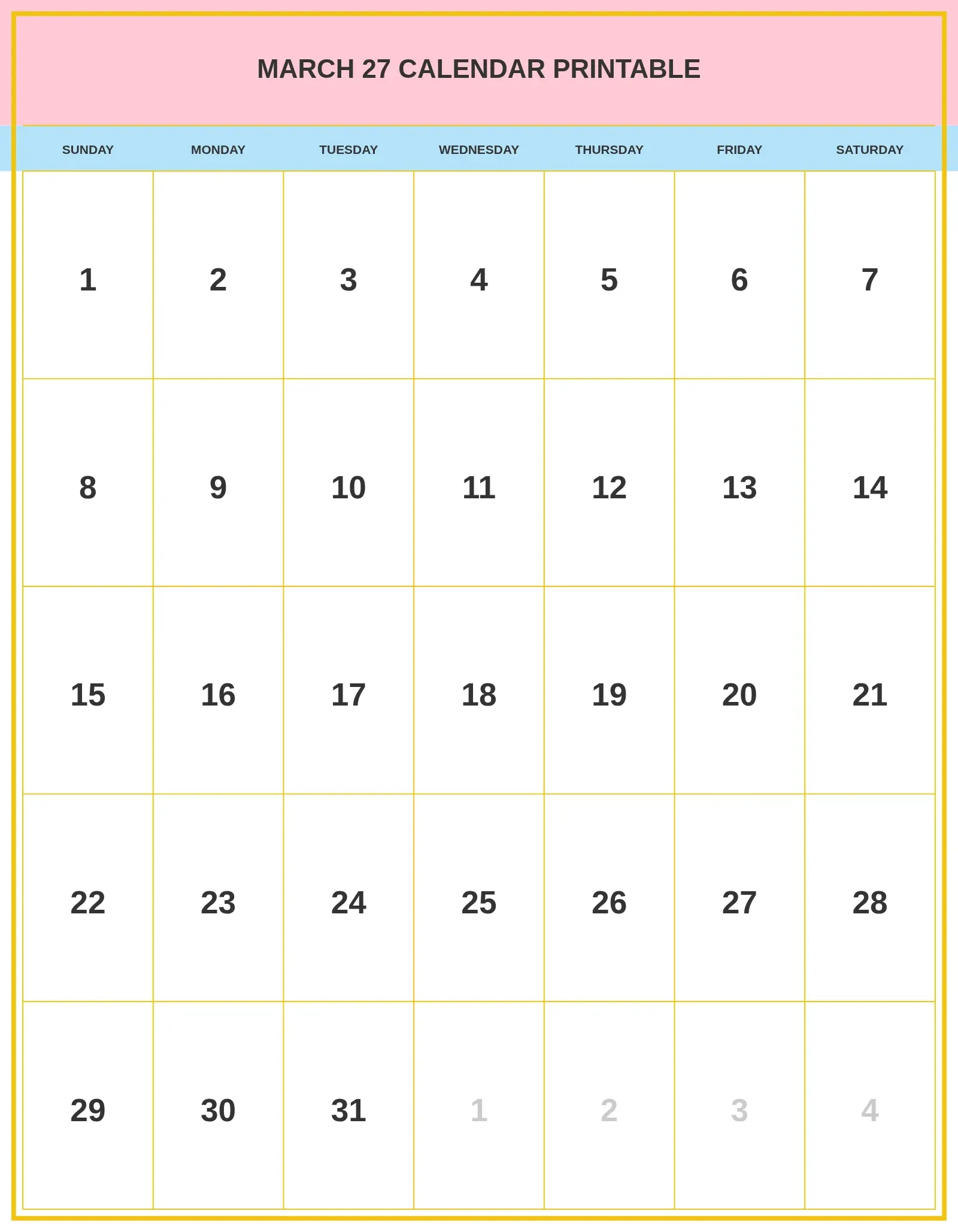 March 27 Calendar Printable With Portrait Template March 27 Calendar Printable With Portrait Template
