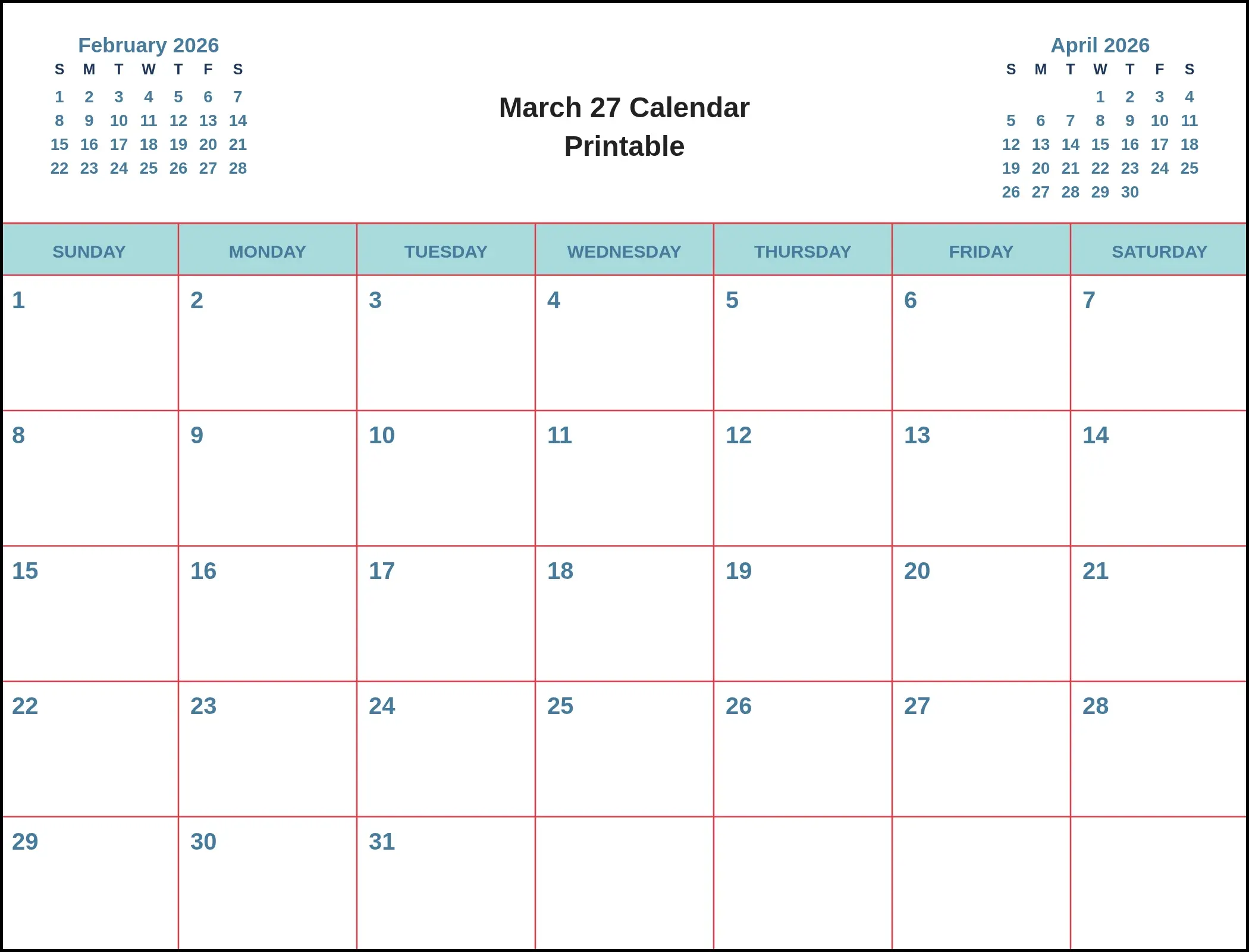 March 27 Calendar Printable With Three Month View