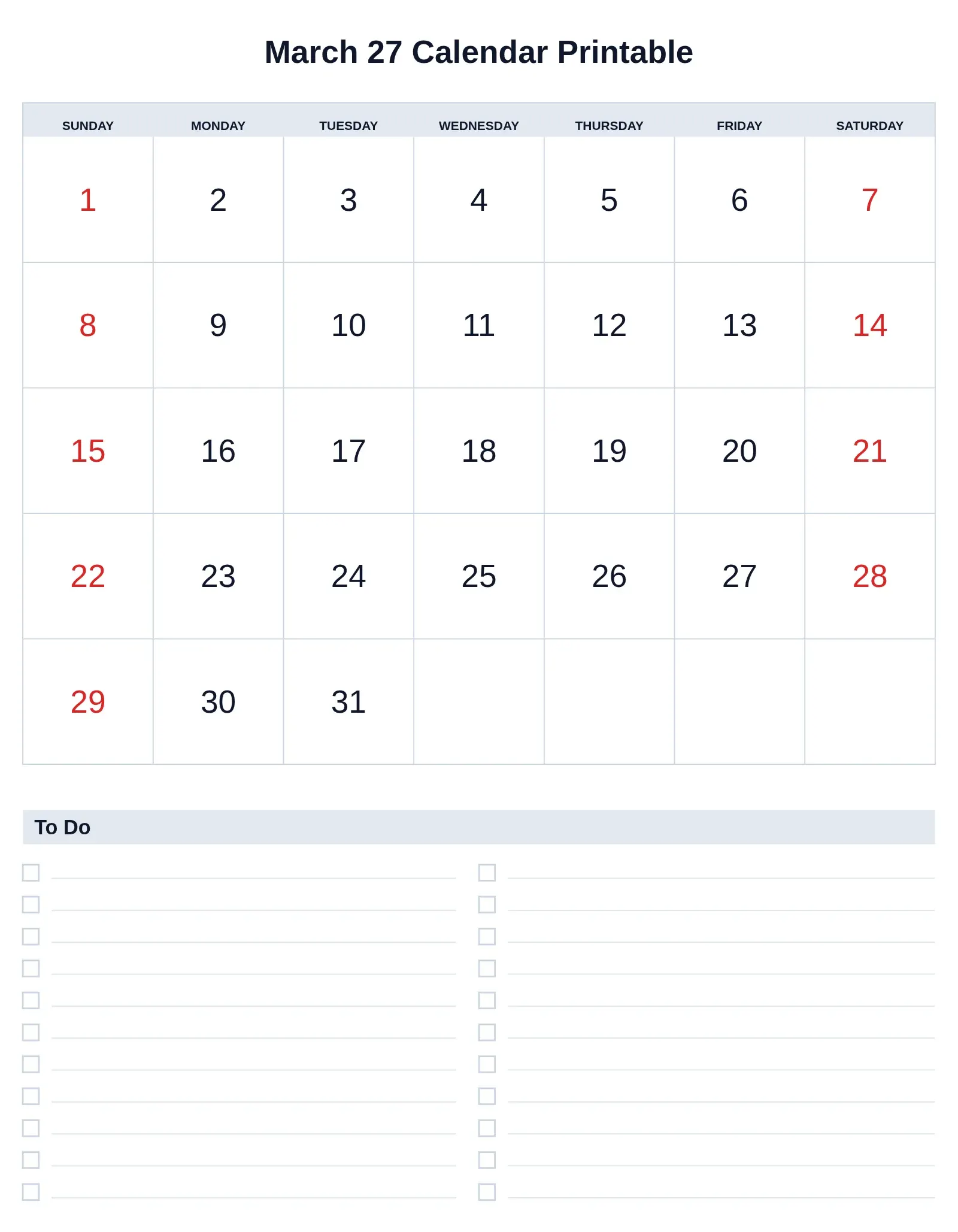 March 27 Calendar Printable With To Do List Bottom Portrait March 27 Calendar Printable With To Do List Bottom Portrait