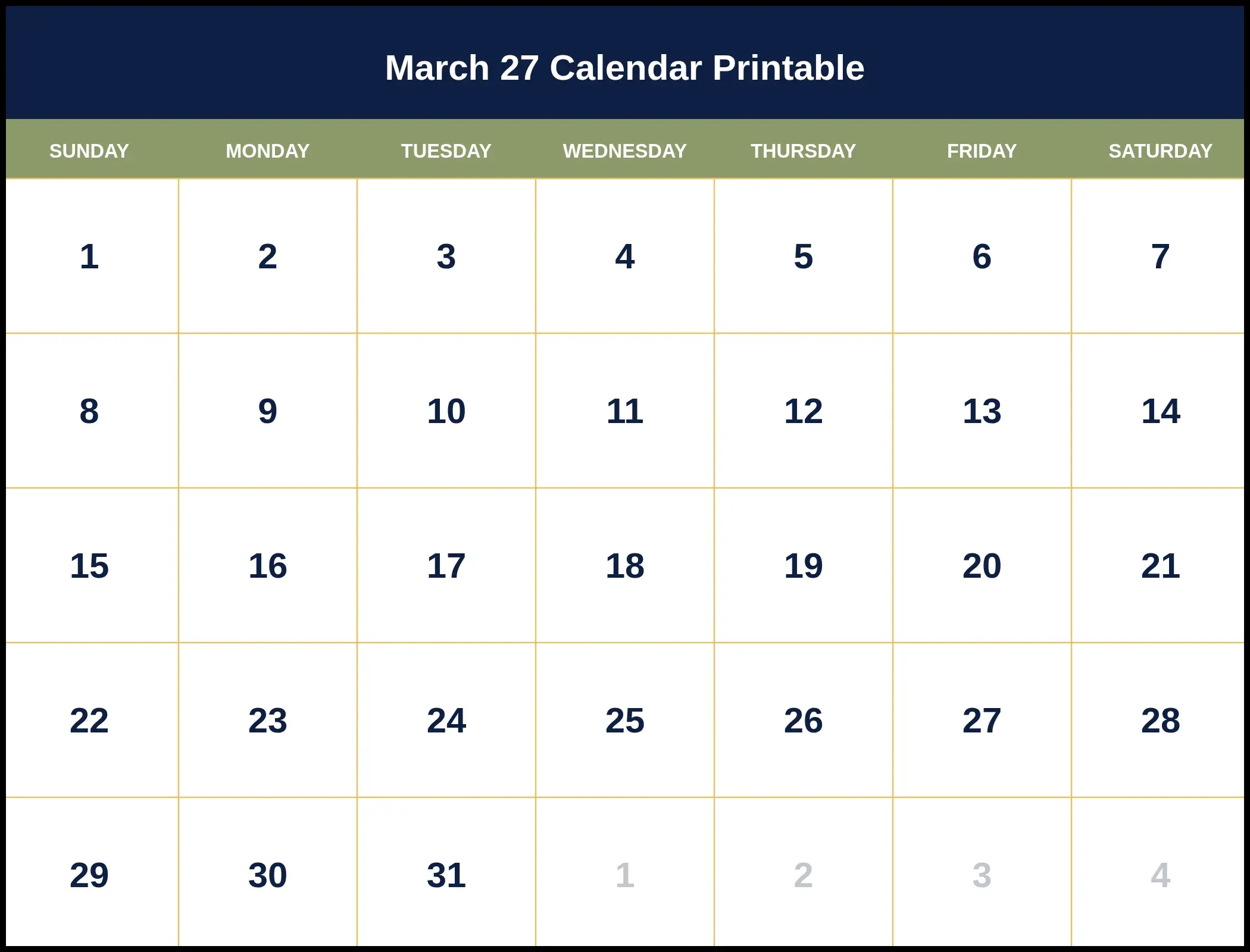 March 27 Calendar Printable March 27 Calendar Printable