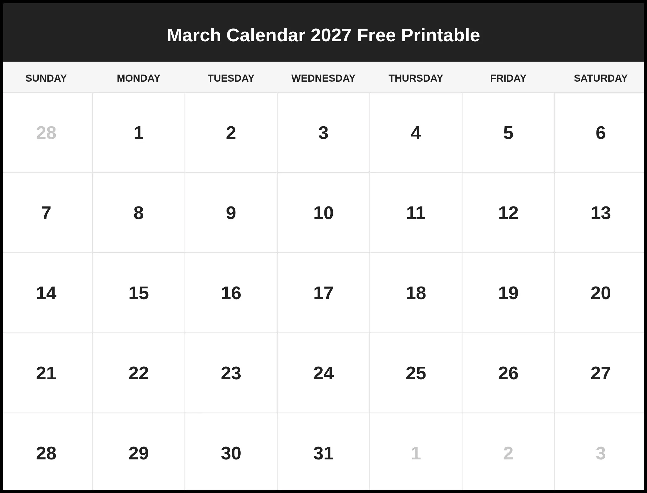 March Calendar 2027 Free Printable Pdf March Calendar 2027 Free Printable Pdf