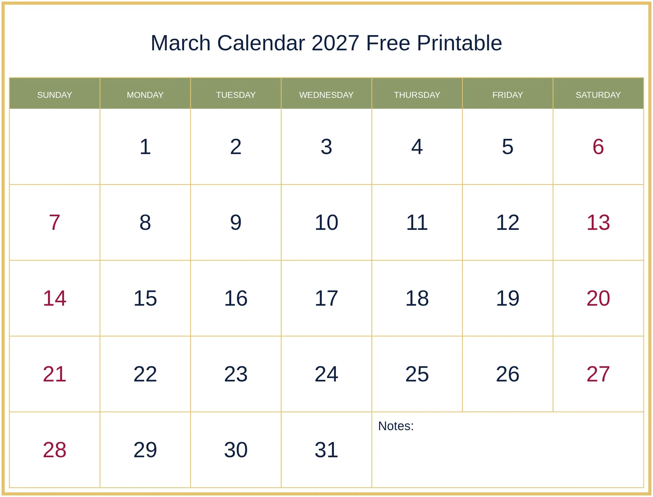 March Calendar 2027 Free Printable with Notes Bottom Landscape