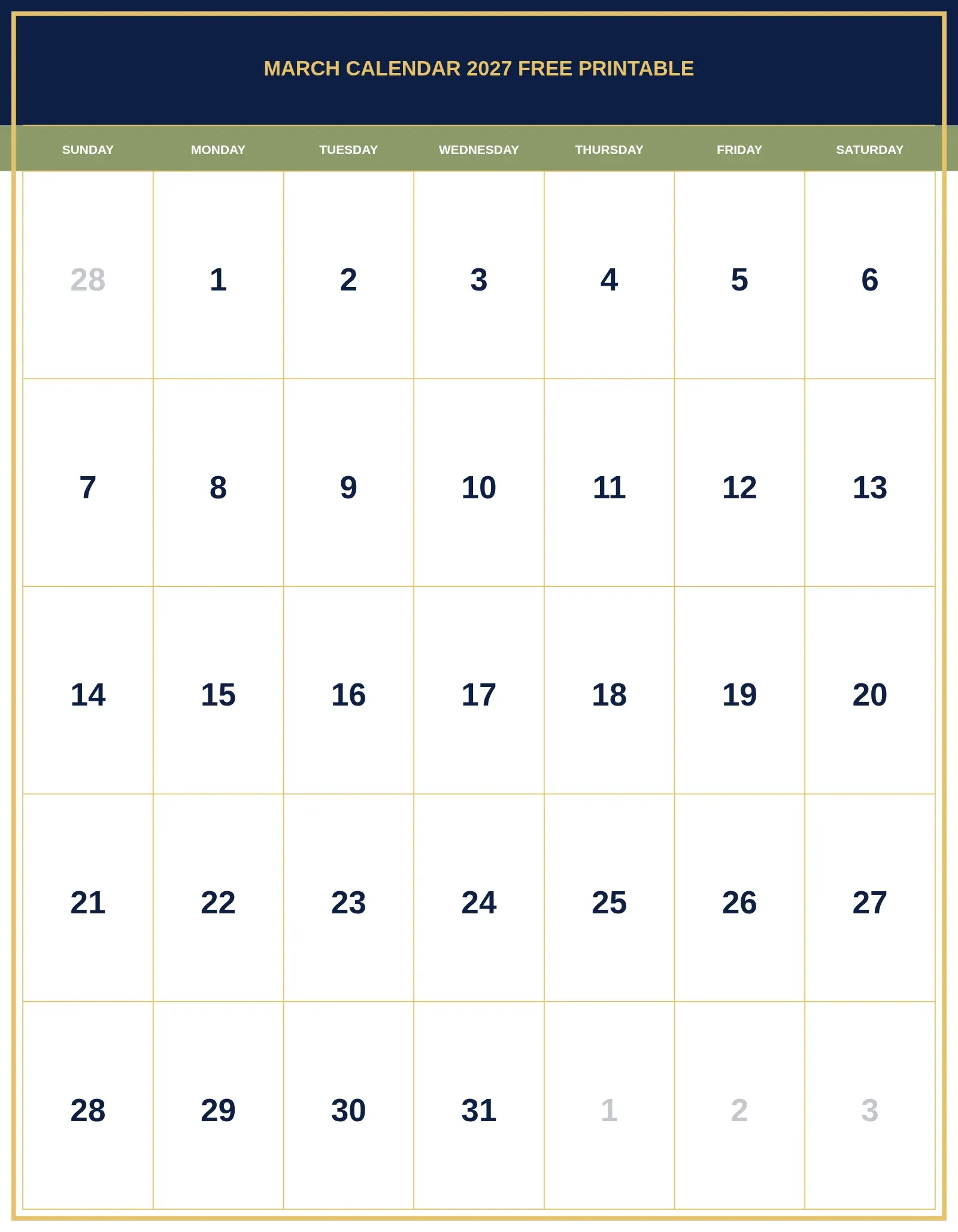 March Calendar 2027 Free Printable With Portrait Template March Calendar 2027 Free Printable With Portrait Template