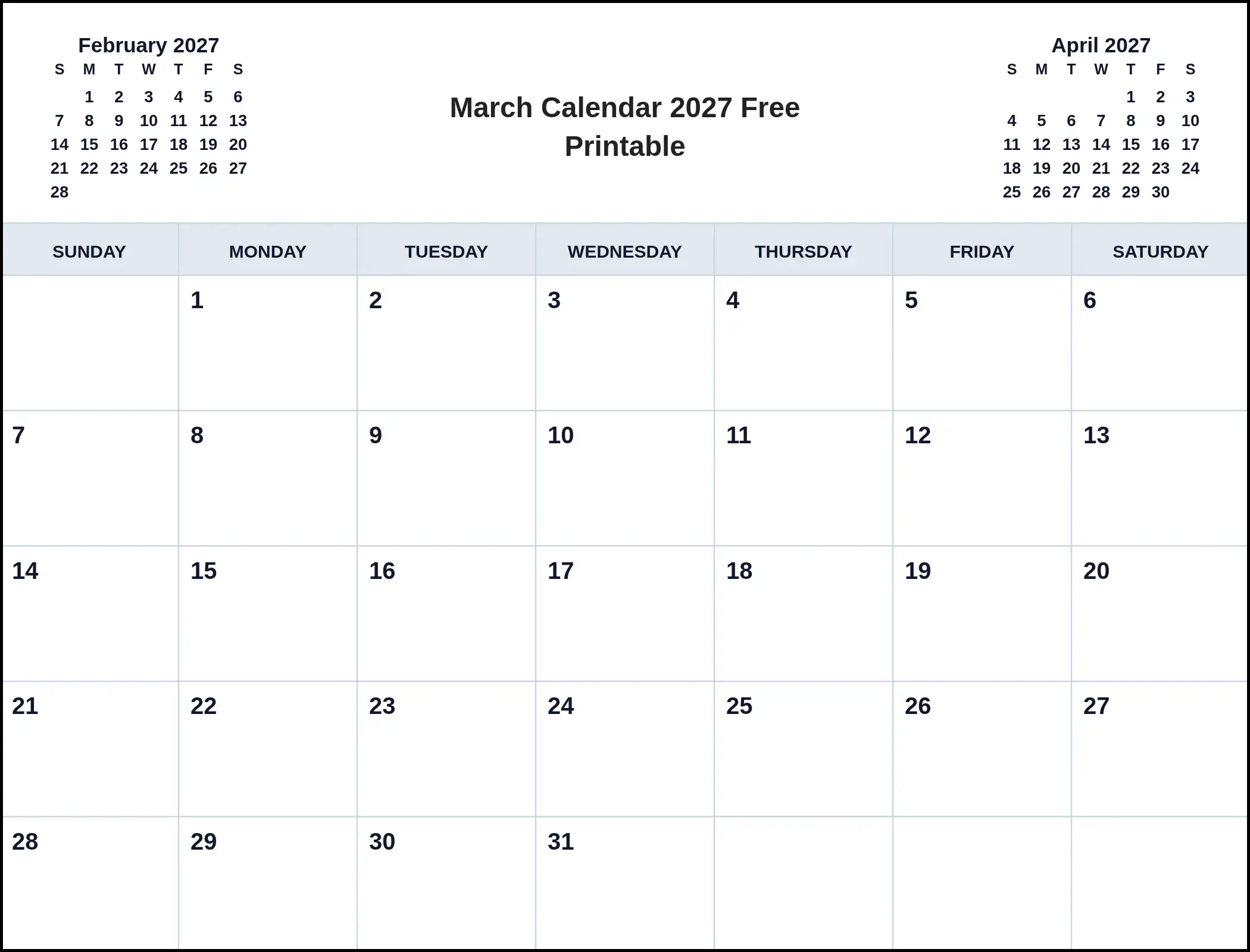 March Calendar 2027 Free Printable With Three Month View