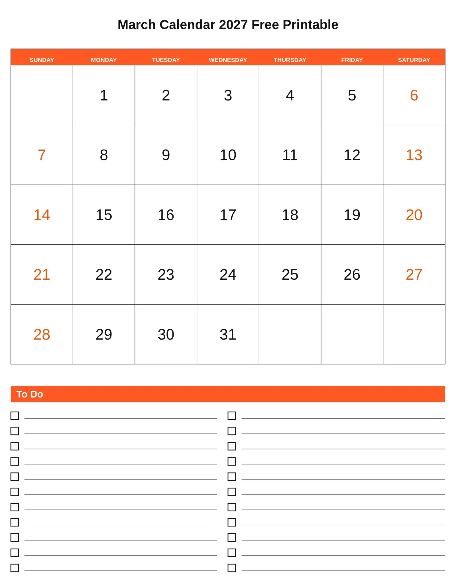 March Calendar 2027 Free Printable With To Do List Bottom Portrait