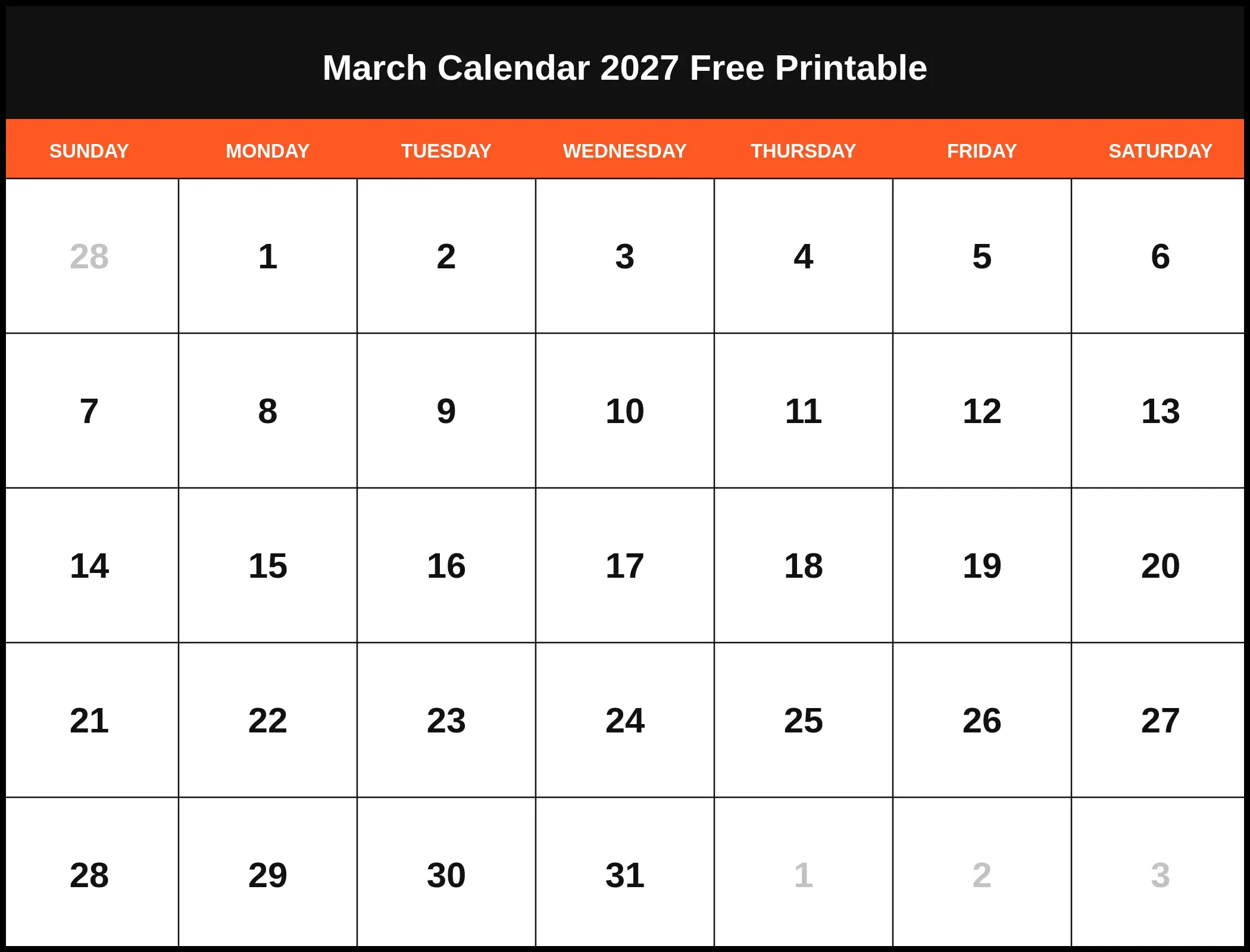 March Calendar 2027 Free Printable