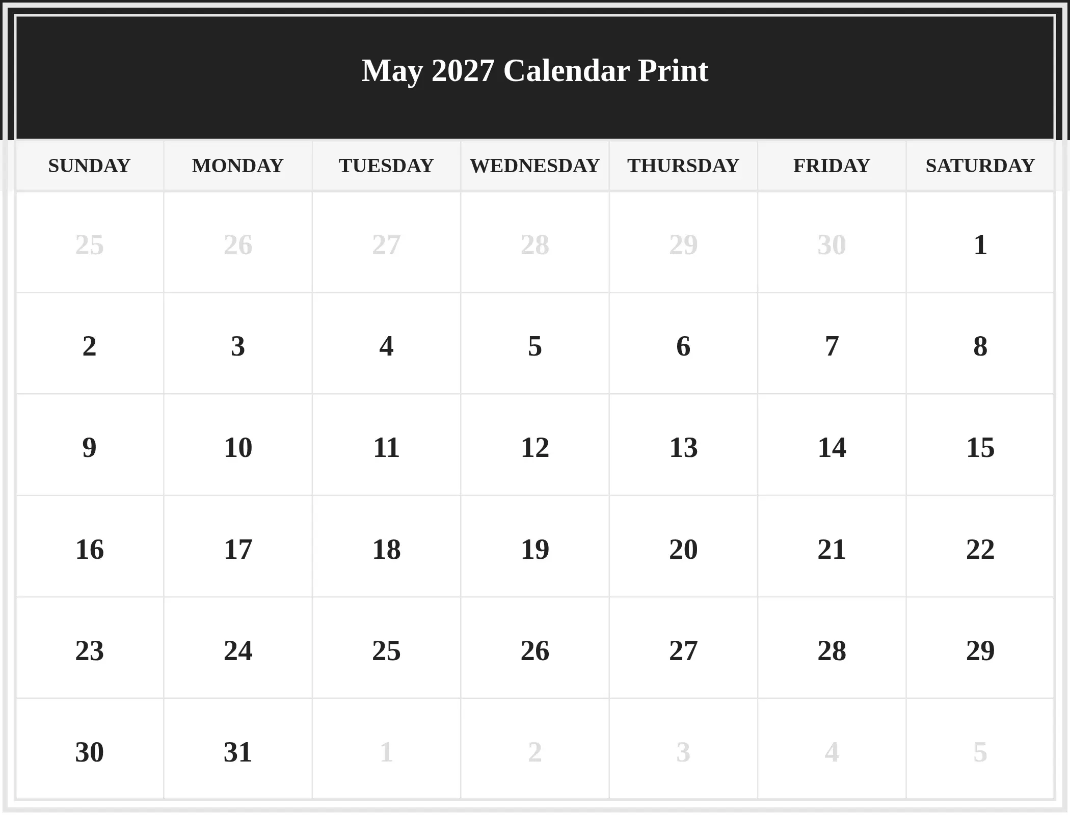 May 2027 Calendar Print Download Landscape May 2027 Calendar Print Download Landscape