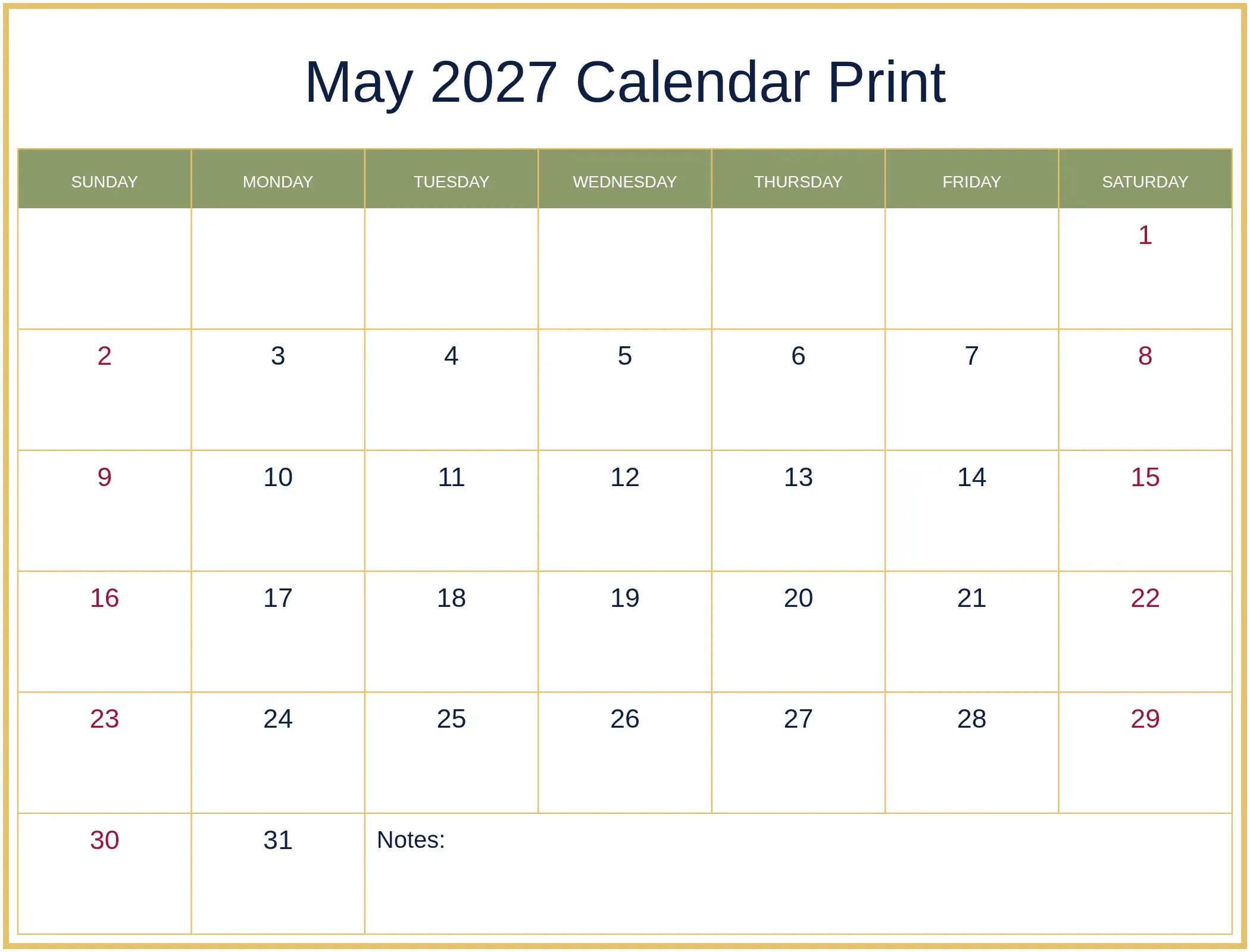 May 2027 Calendar Print with Notes Bottom Landscape May 2027 Calendar Print with Notes Bottom Landscape