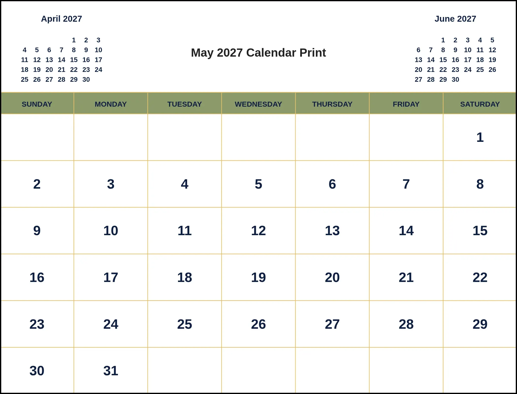 May 2027 Calendar Print With Three Month View May 2027 Calendar Print With Three Month View