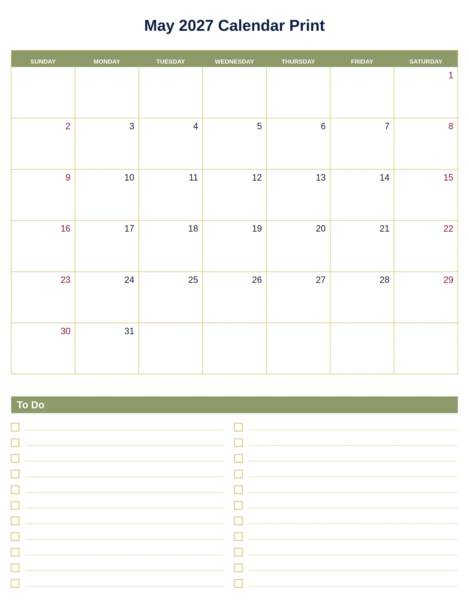 May 2027 Calendar Print With To Do List Bottom Portrait May 2027 Calendar Print With To Do List Bottom Portrait