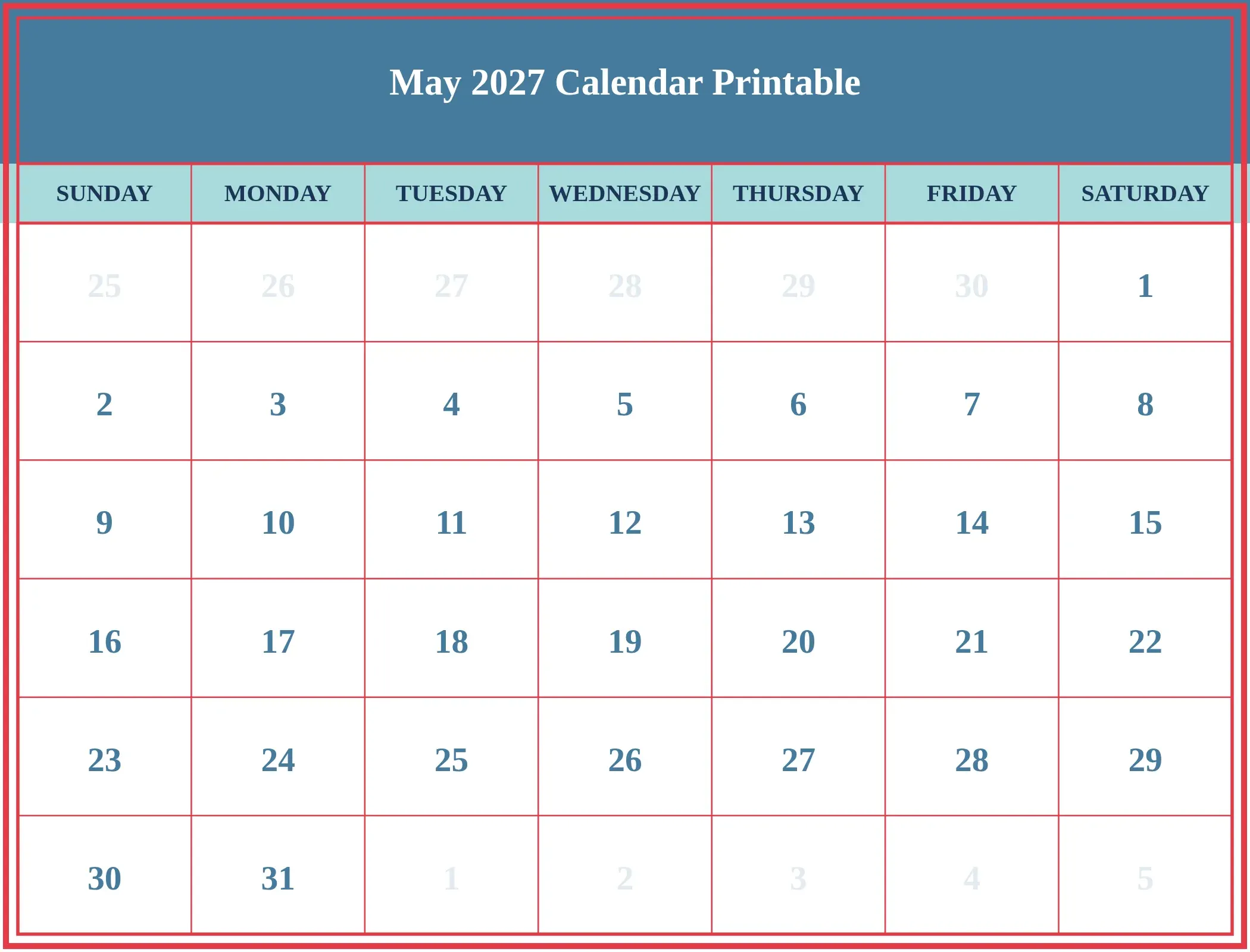 May 2027 Calendar Printable Download Landscape