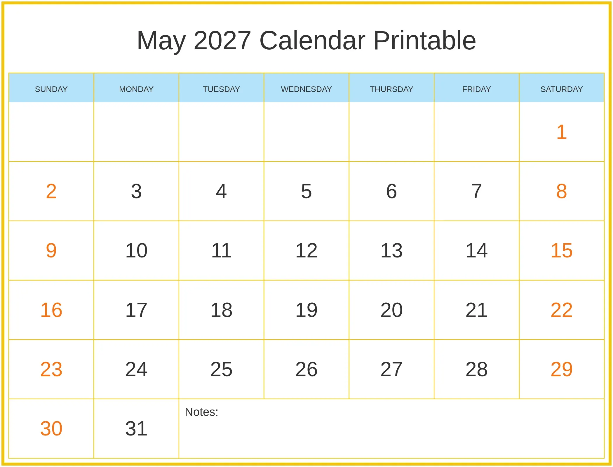 May 2027 Calendar Printable with Notes Bottom Landscape May 2027 Calendar Printable with Notes Bottom Landscape