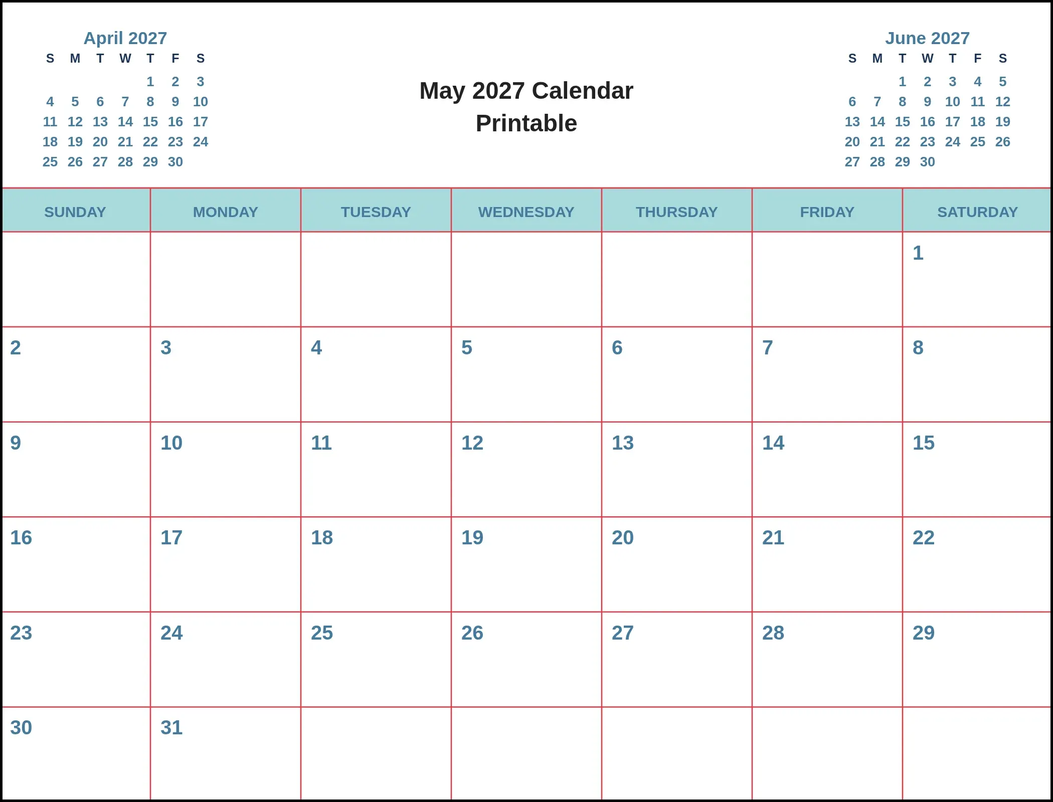 May 2027 Calendar Printable With Three Month View May 2027 Calendar Printable With Three Month View
