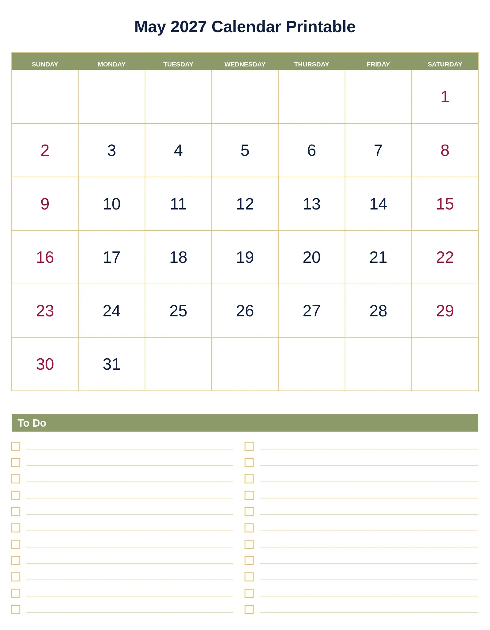 May 2027 Calendar Printable With To Do List Bottom Portrait May 2027 Calendar Printable With To Do List Bottom Portrait