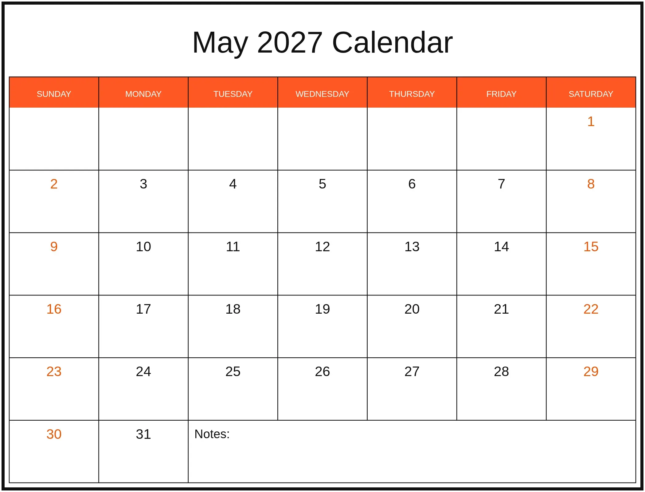 May 2027 Calendar with Notes Bottom Landscape