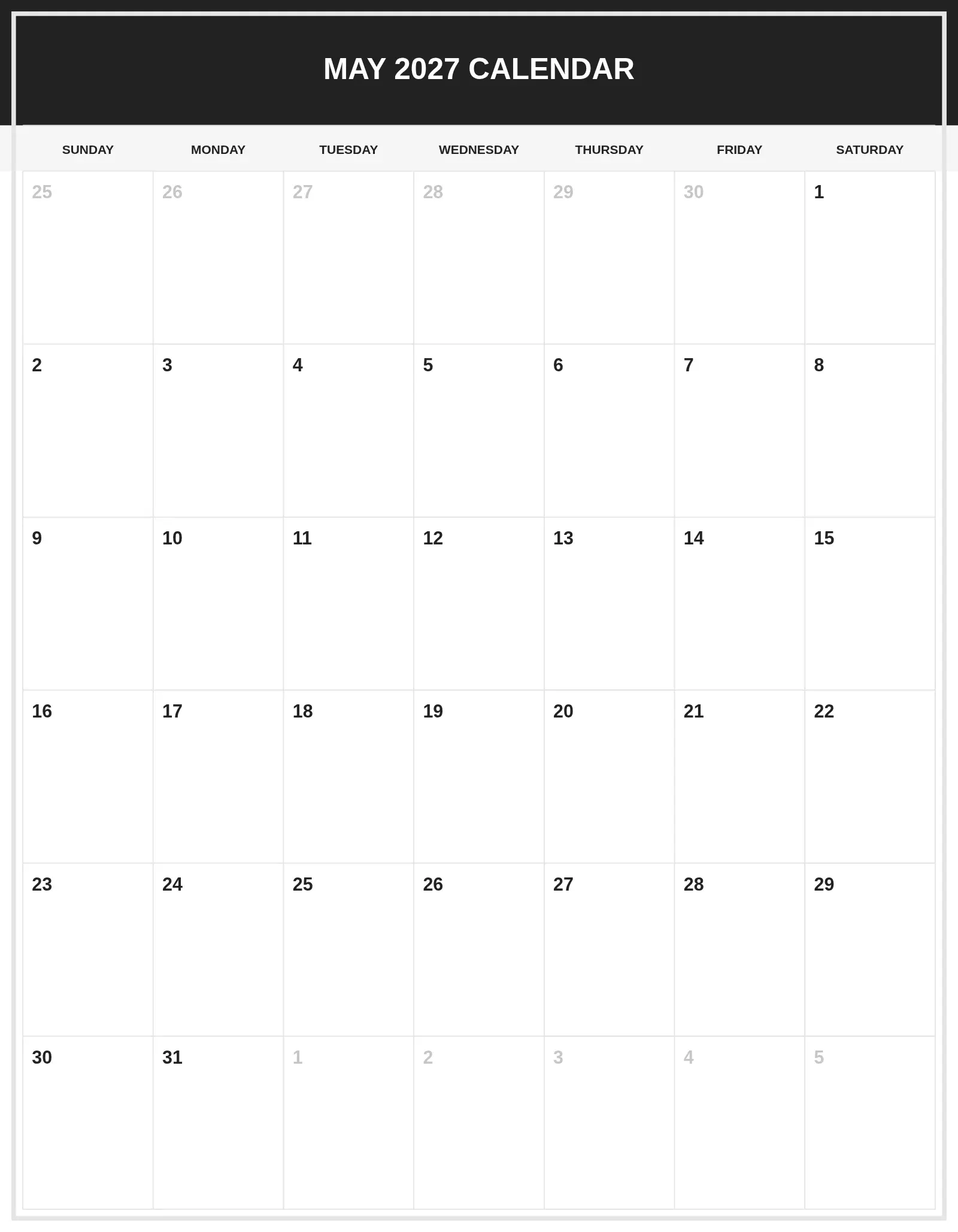 May 2027 Calendar With Portrait Template