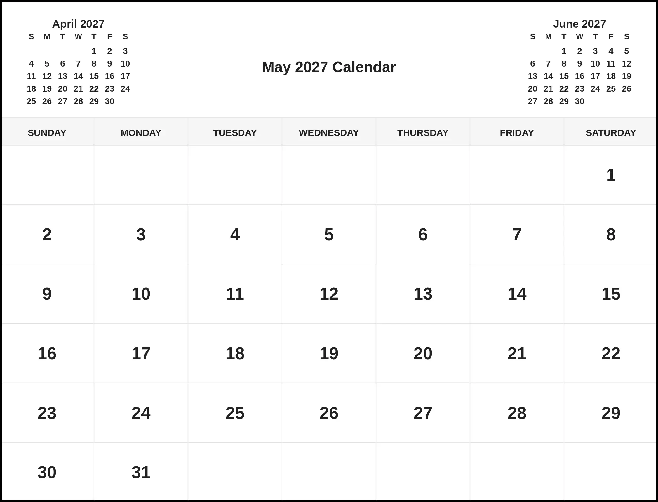 May 2027 Calendar With Three Month View