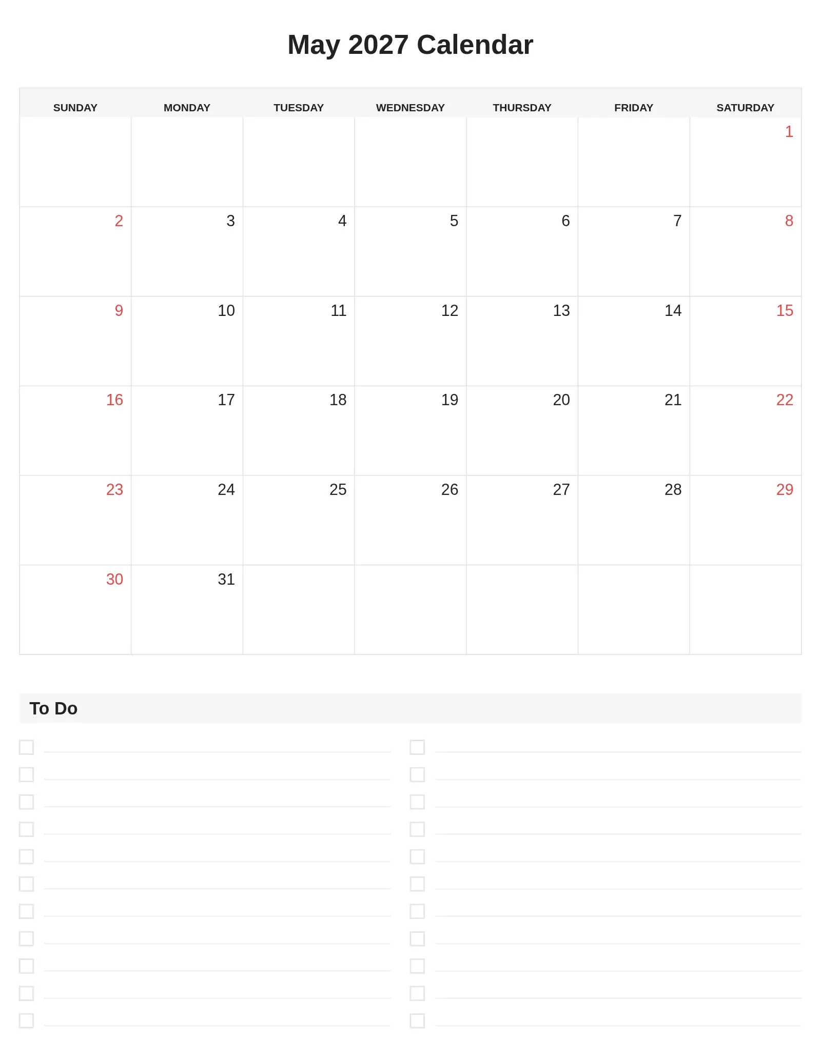 May 2027 Calendar With To Do List Bottom Portrait