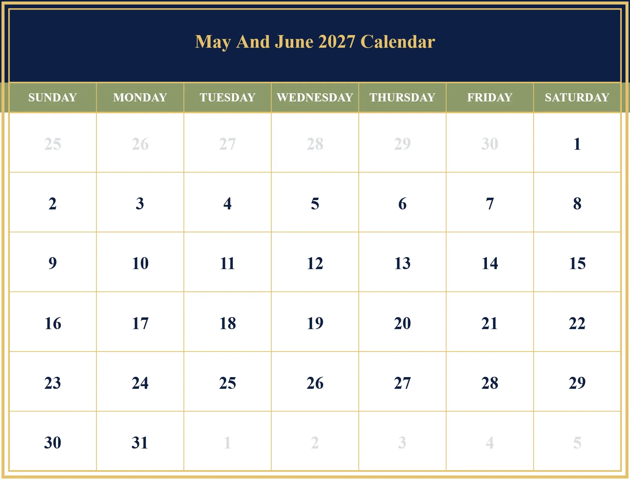 May And June 2027 Calendar Download Landscape