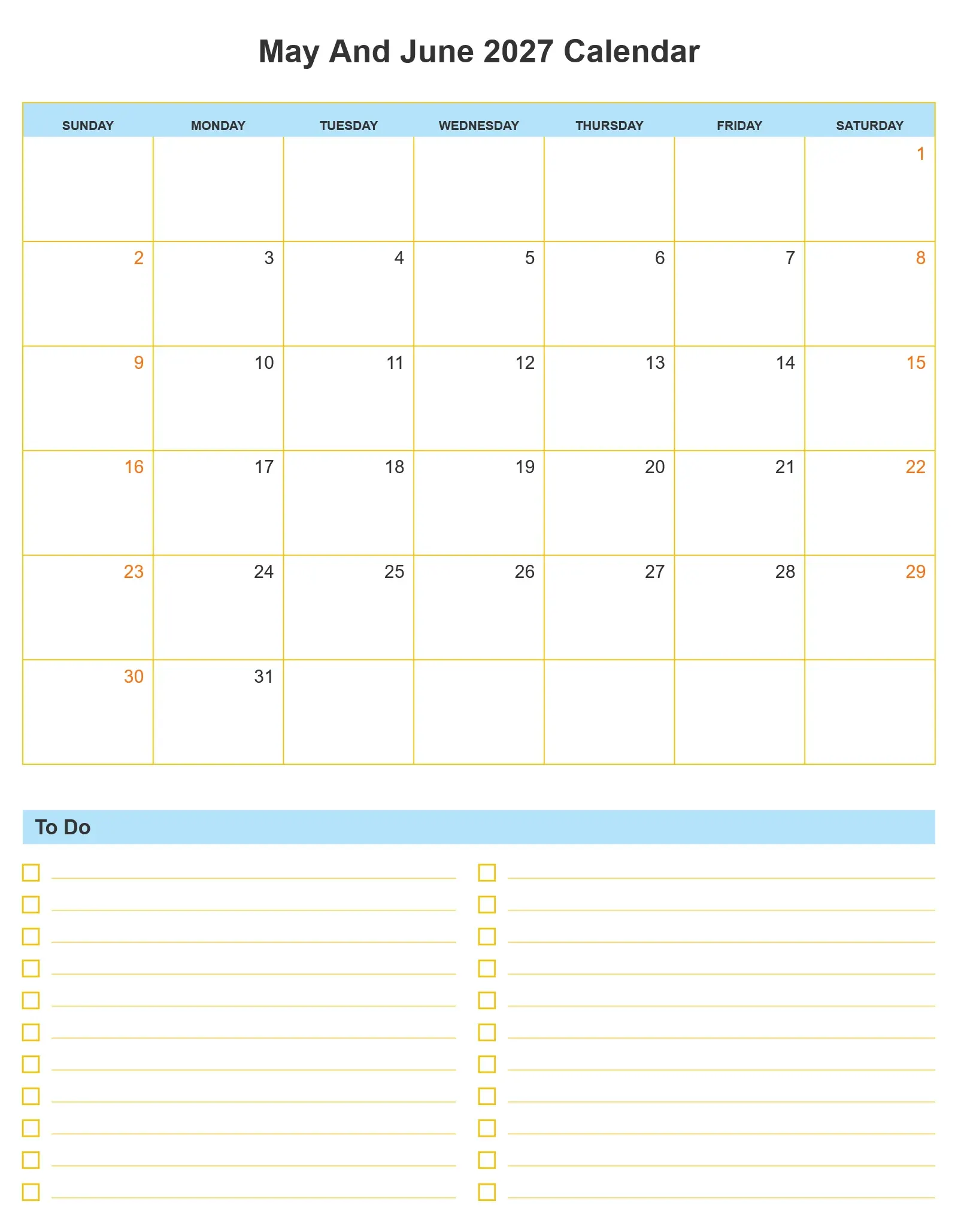 May And June 2027 Calendar With To Do List Bottom Portrait