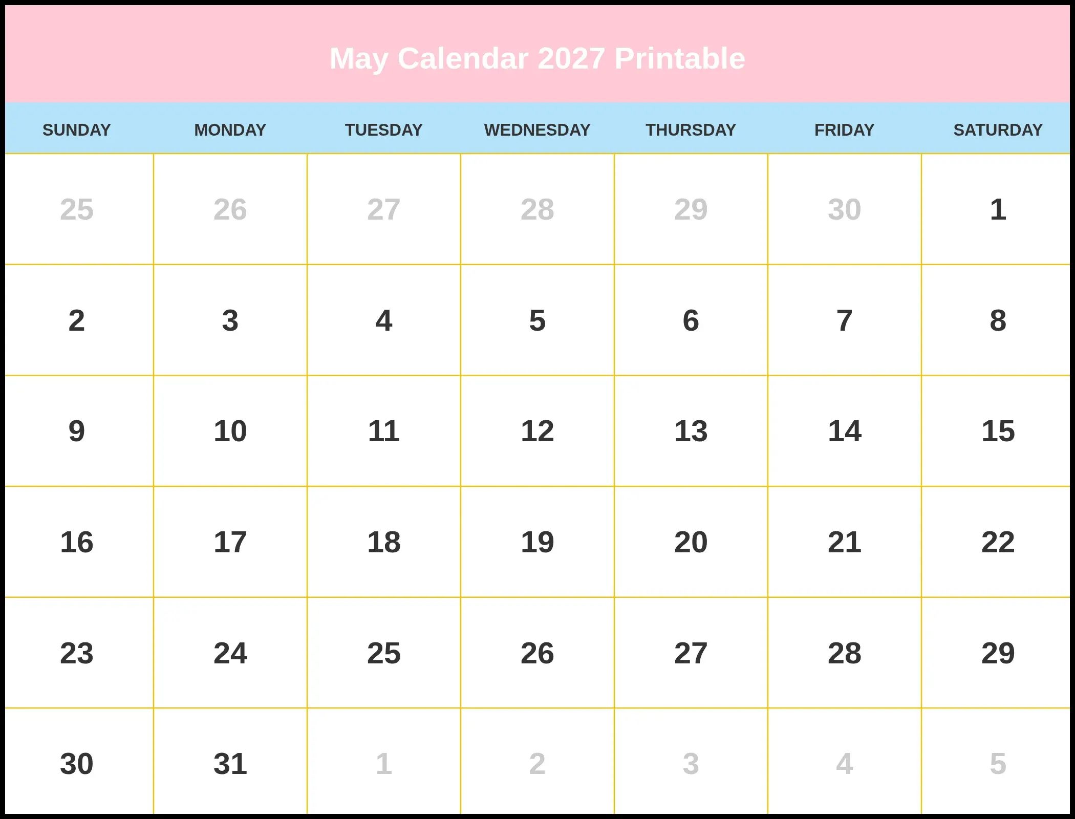May Calendar 2027 Printable