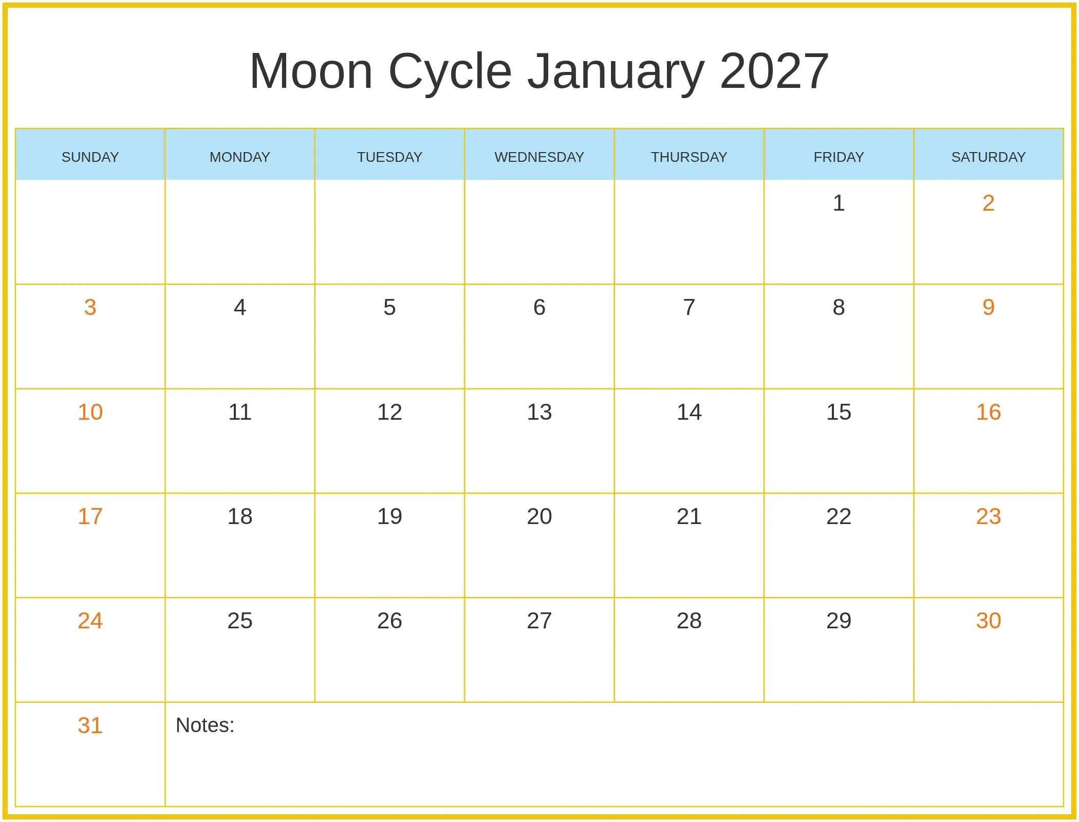Moon Cycle January 2027 with Notes Bottom Landscape Moon Cycle January 2027 with Notes Bottom Landscape