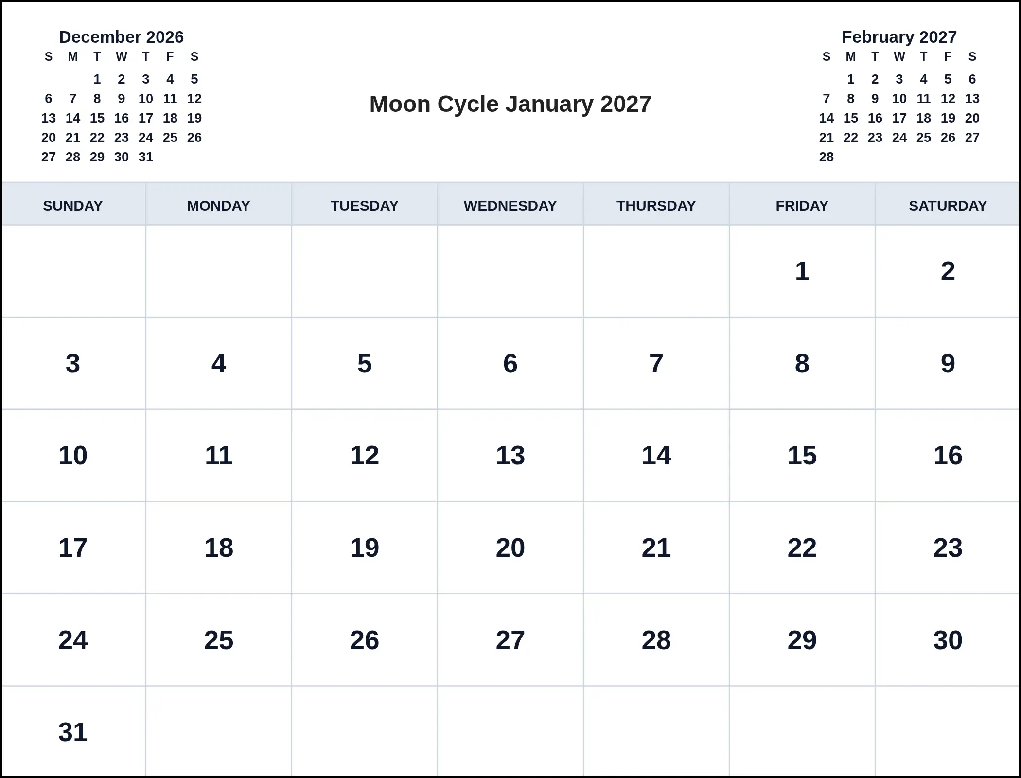 Moon Cycle January 2027 With Three Month View Moon Cycle January 2027 With Three Month View
