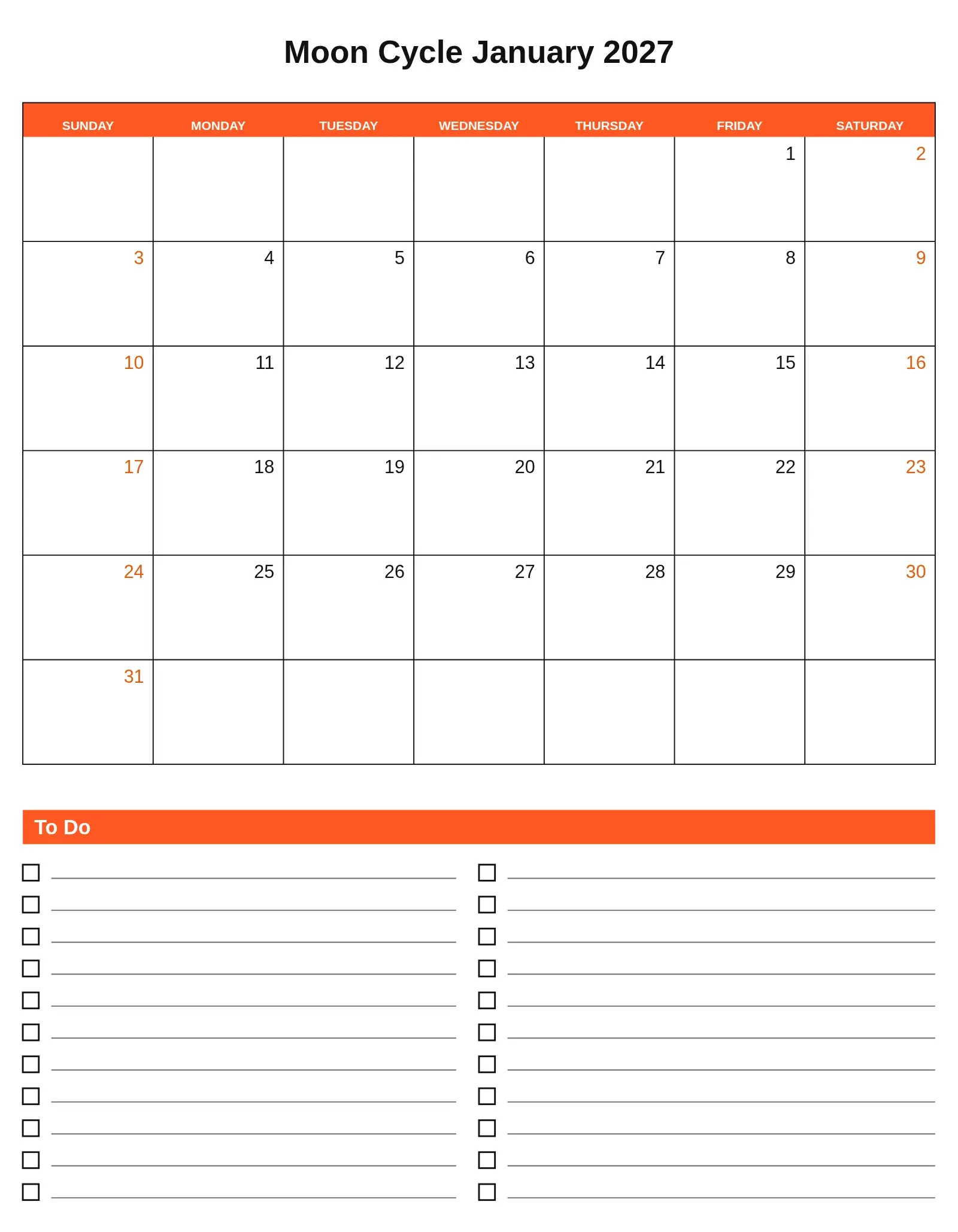 Moon Cycle January 2027 With To Do List Bottom Portrait