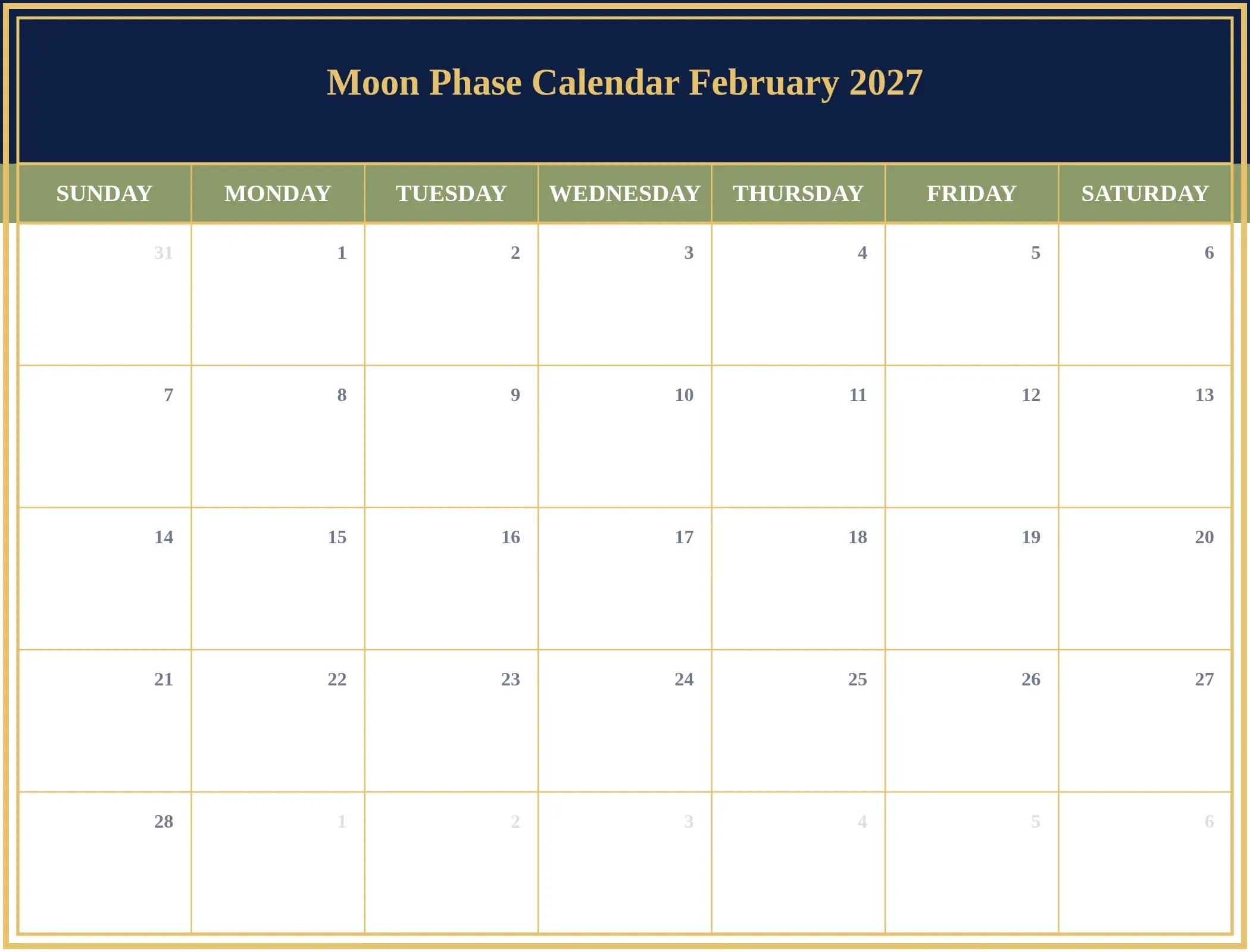 Moon Phase Calendar February 2027 Download Landscape