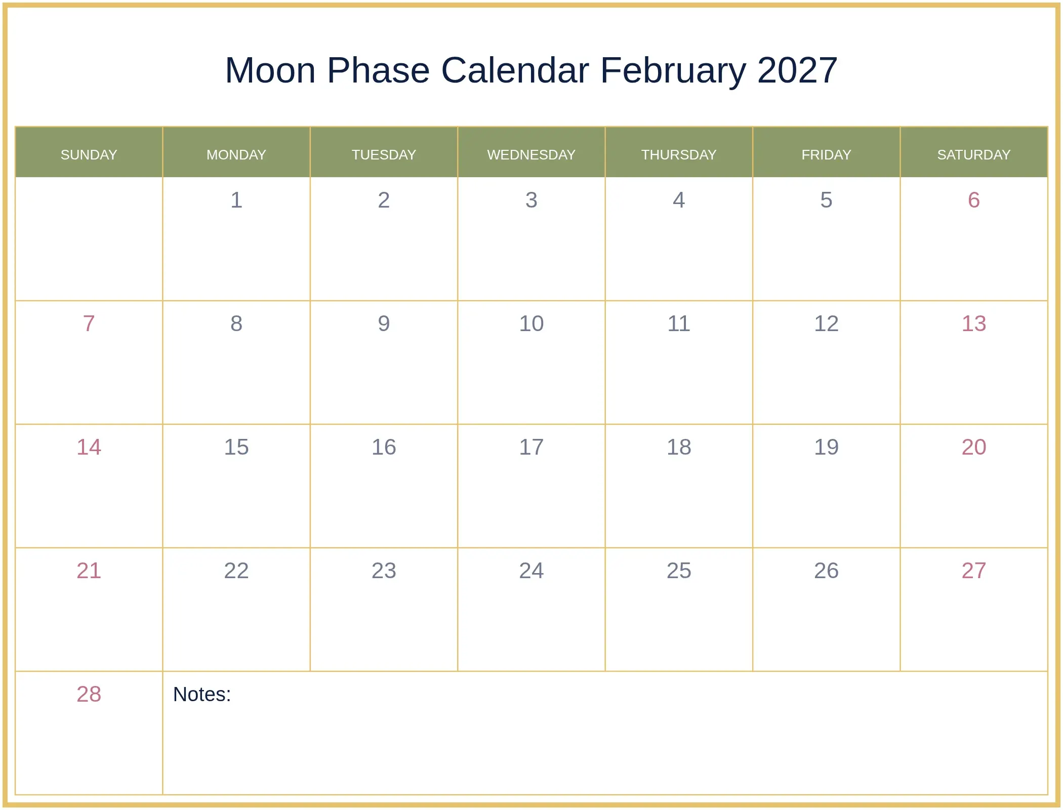 Moon Phase Calendar February 2027 with Notes Bottom Landscape