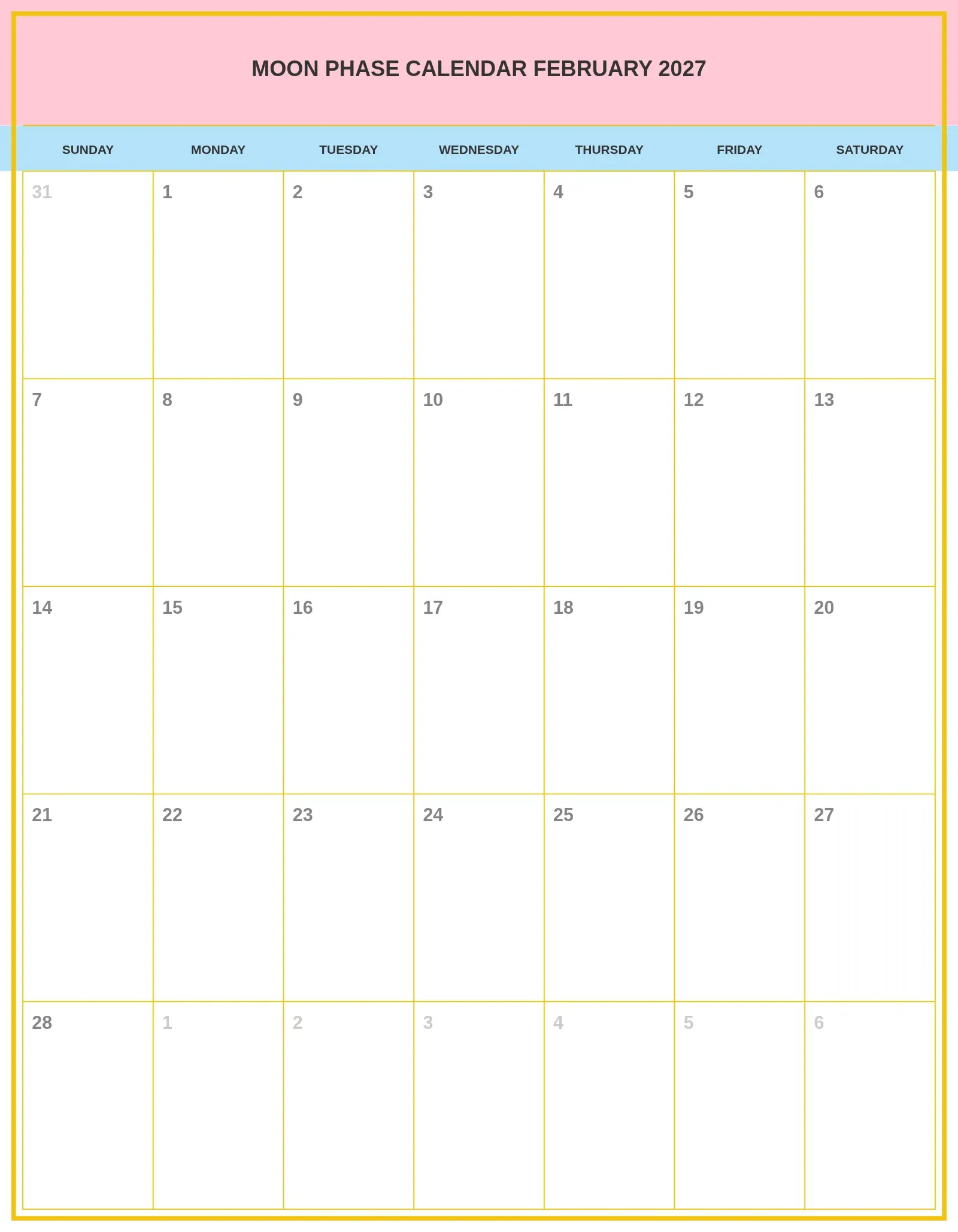 Moon Phase Calendar February 2027 With Portrait Template Moon Phase Calendar February 2027 With Portrait Template