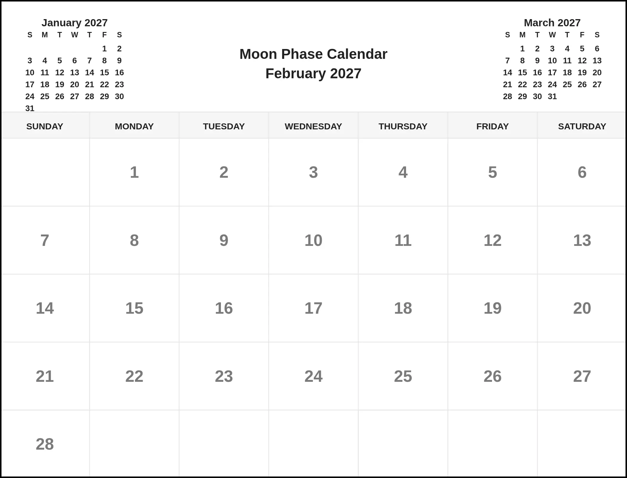 Moon Phase Calendar February 2027 With Three Month View