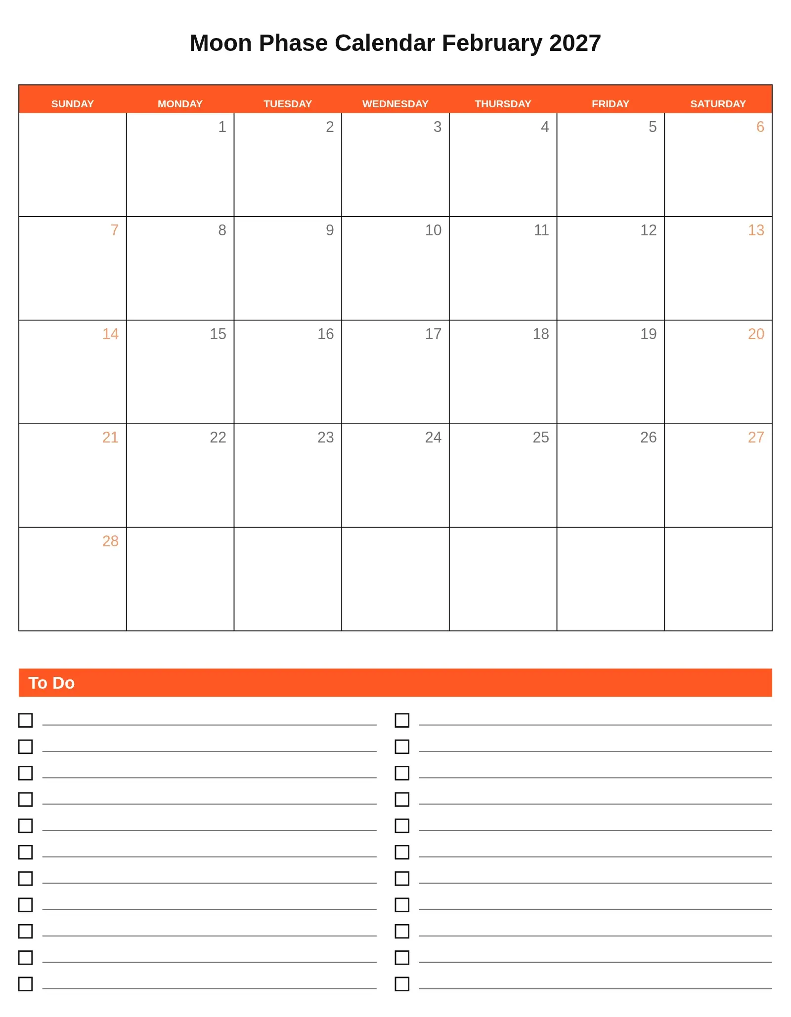 Moon Phase Calendar February 2027 With To Do List Bottom Portrait Moon Phase Calendar February 2027 With To Do List Bottom Portrait