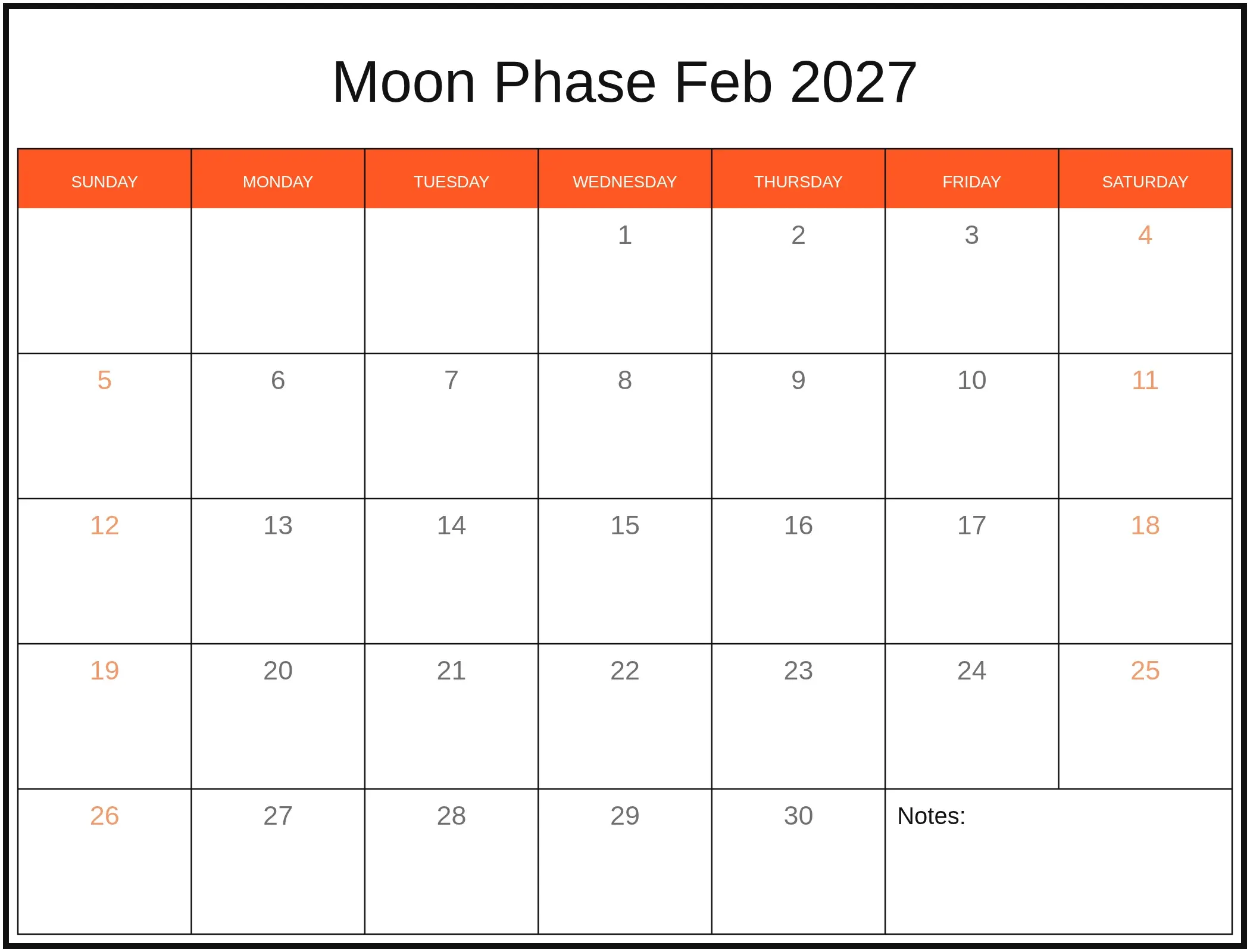Moon Phase Feb 2027 with Notes Bottom Landscape Moon Phase Feb 2027 with Notes Bottom Landscape