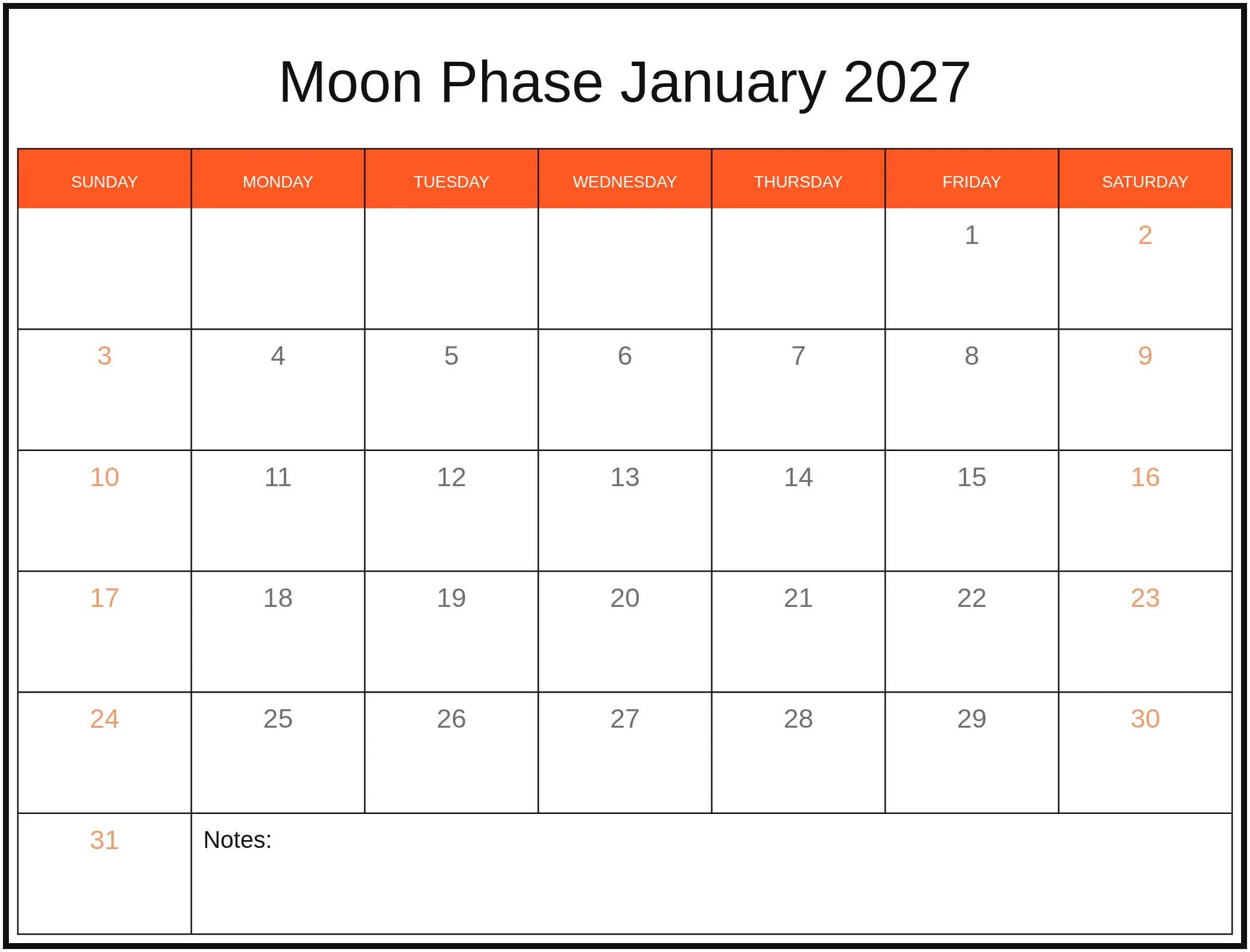 Moon Phase January 2027 with Notes Bottom Landscape