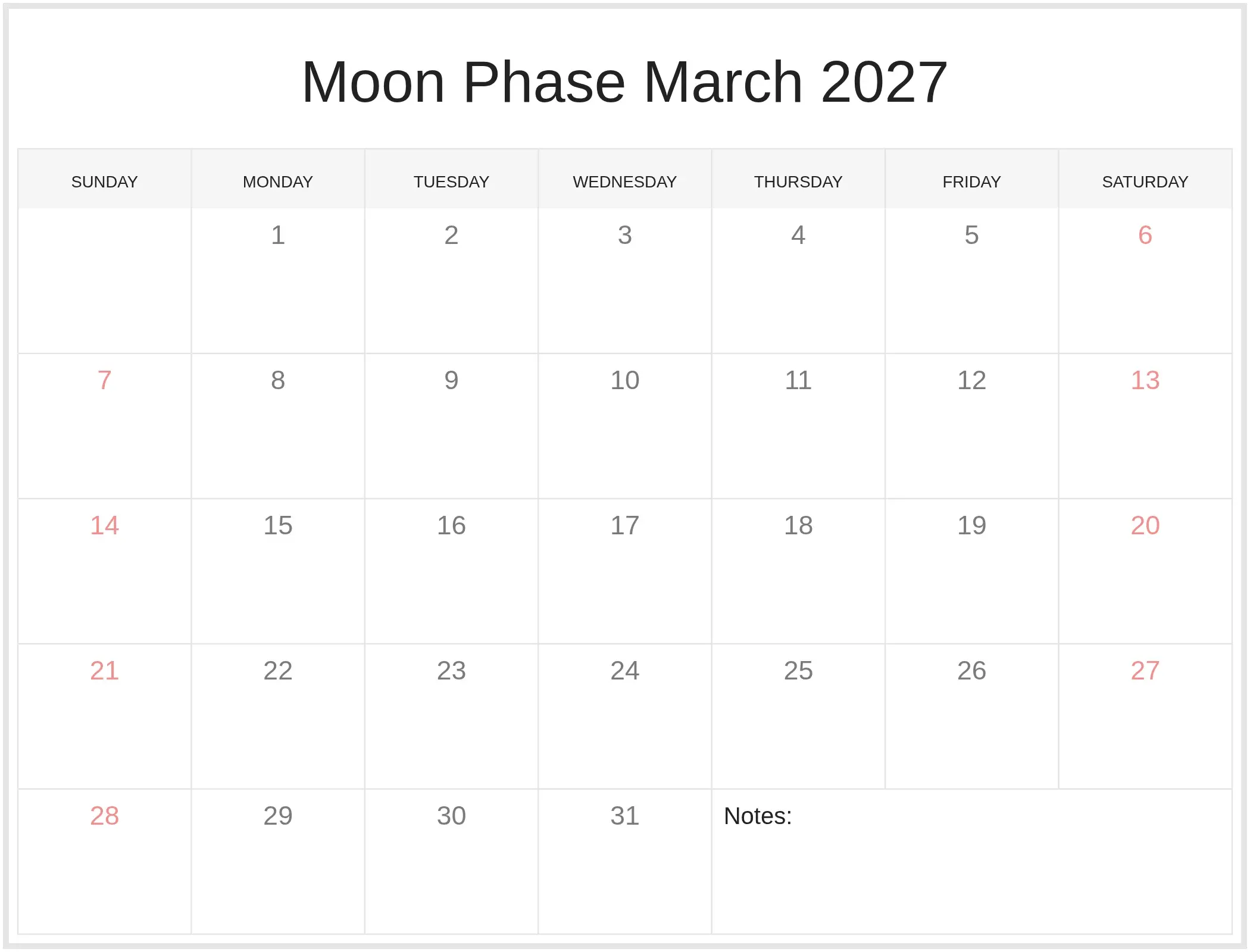 Moon Phase March 2027 with Notes Bottom Landscape Moon Phase March 2027 with Notes Bottom Landscape