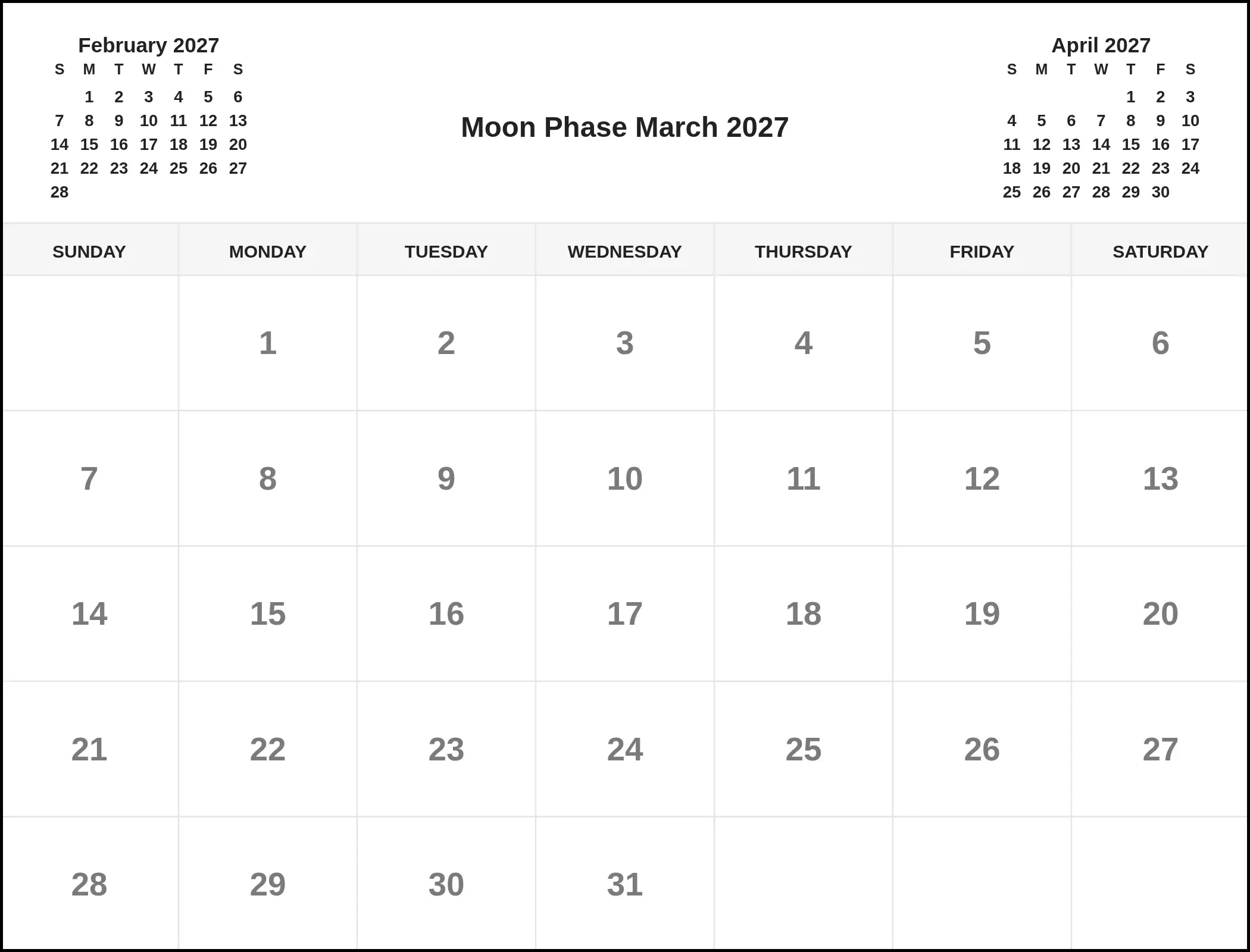 Moon Phase March 2027 With Three Month View Moon Phase March 2027 With Three Month View