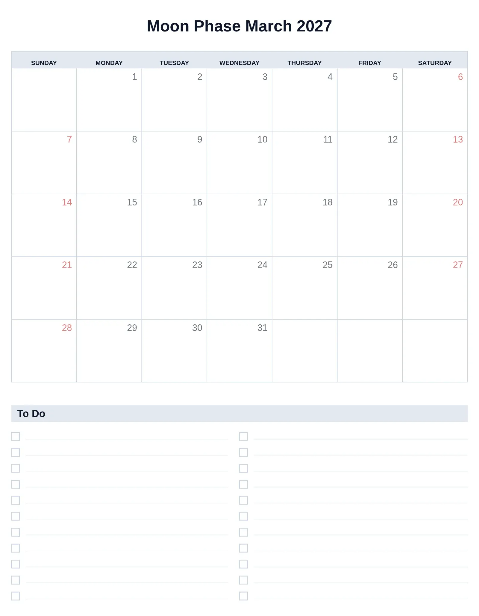 Moon Phase March 2027 With To Do List Bottom Portrait