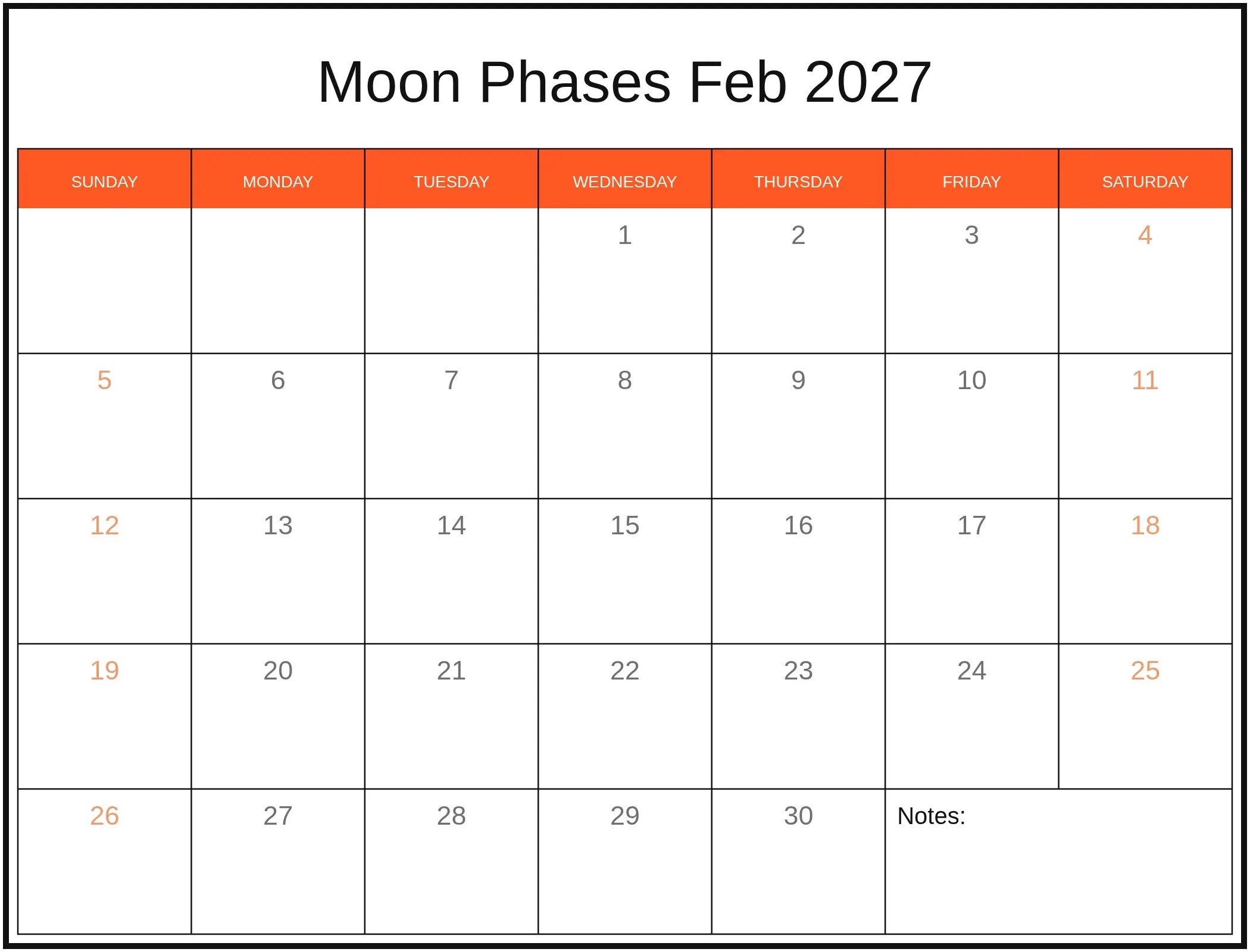 Moon Phases Feb 2027 with Notes Bottom Landscape