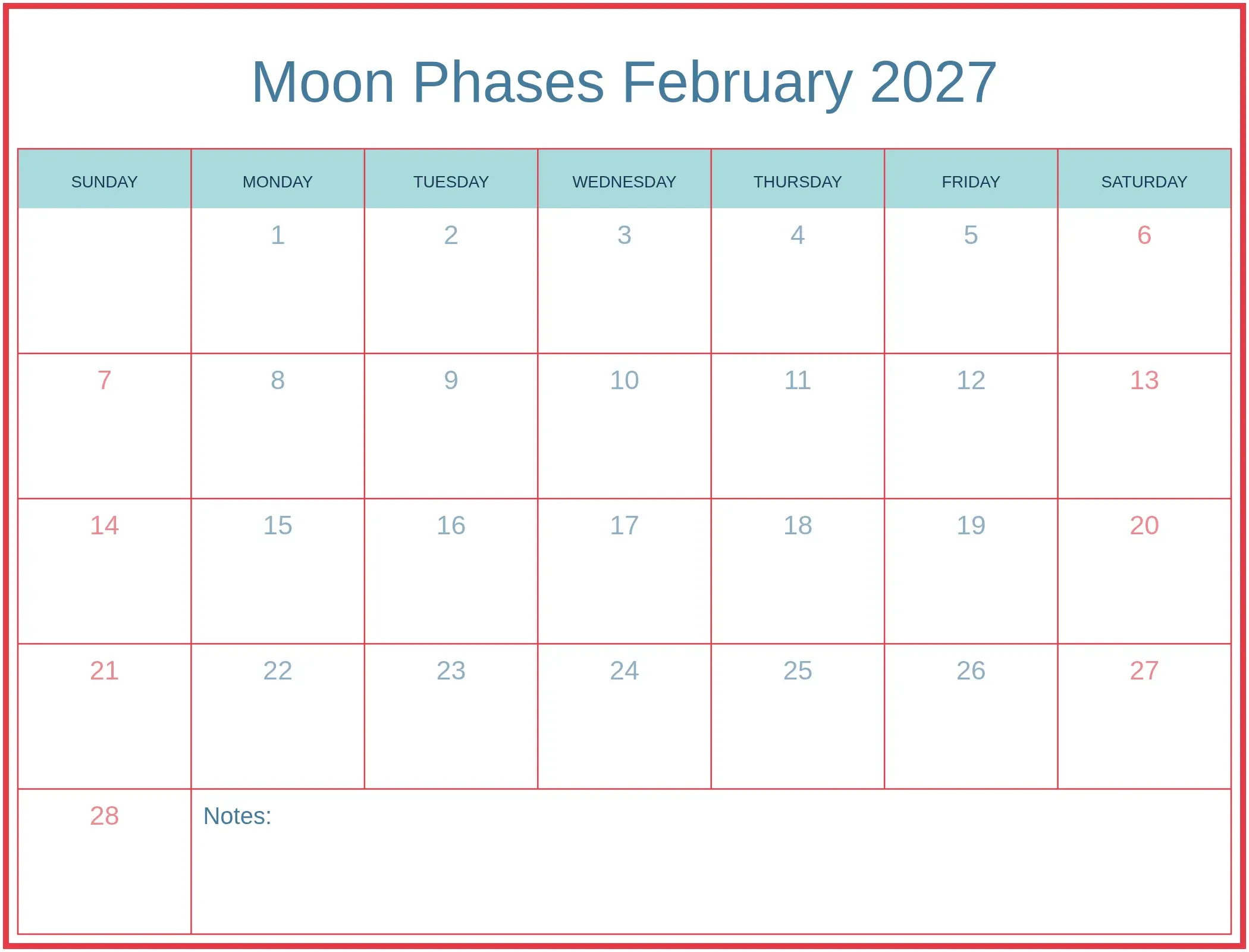 Moon Phases February 2027 with Notes Bottom Landscape