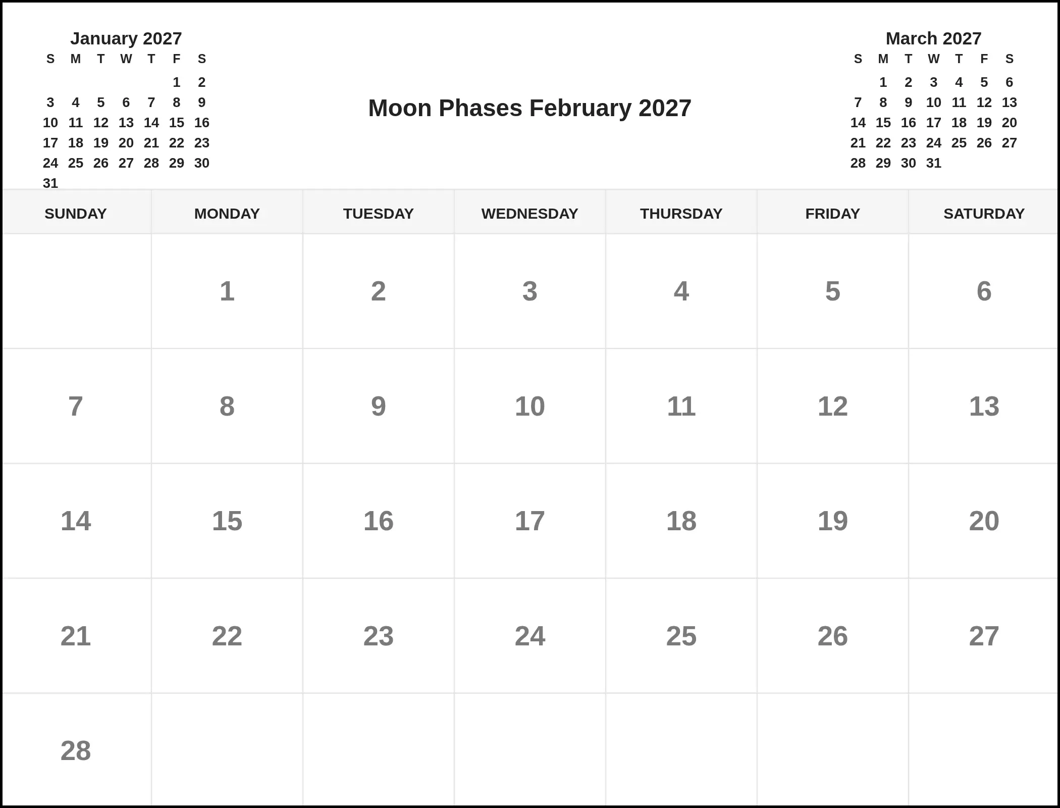 Moon Phases February 2027 With Three Month View Moon Phases February 2027 With Three Month View