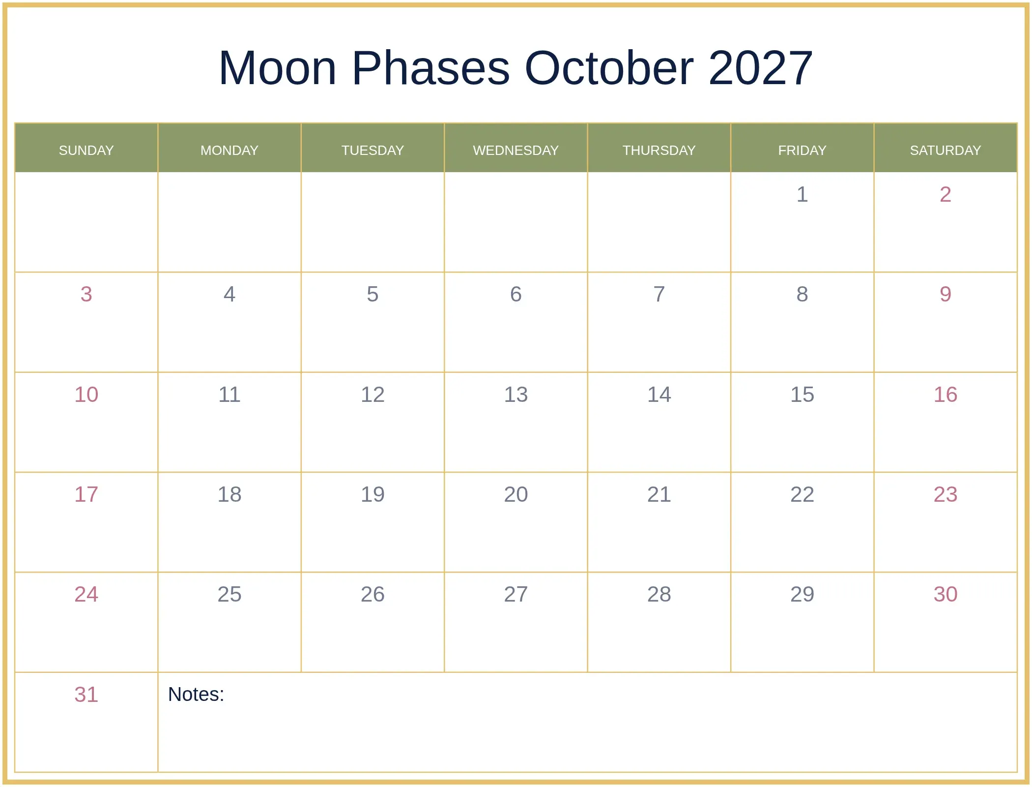 Moon Phases October 2027 with Notes Bottom Landscape Moon Phases October 2027 with Notes Bottom Landscape