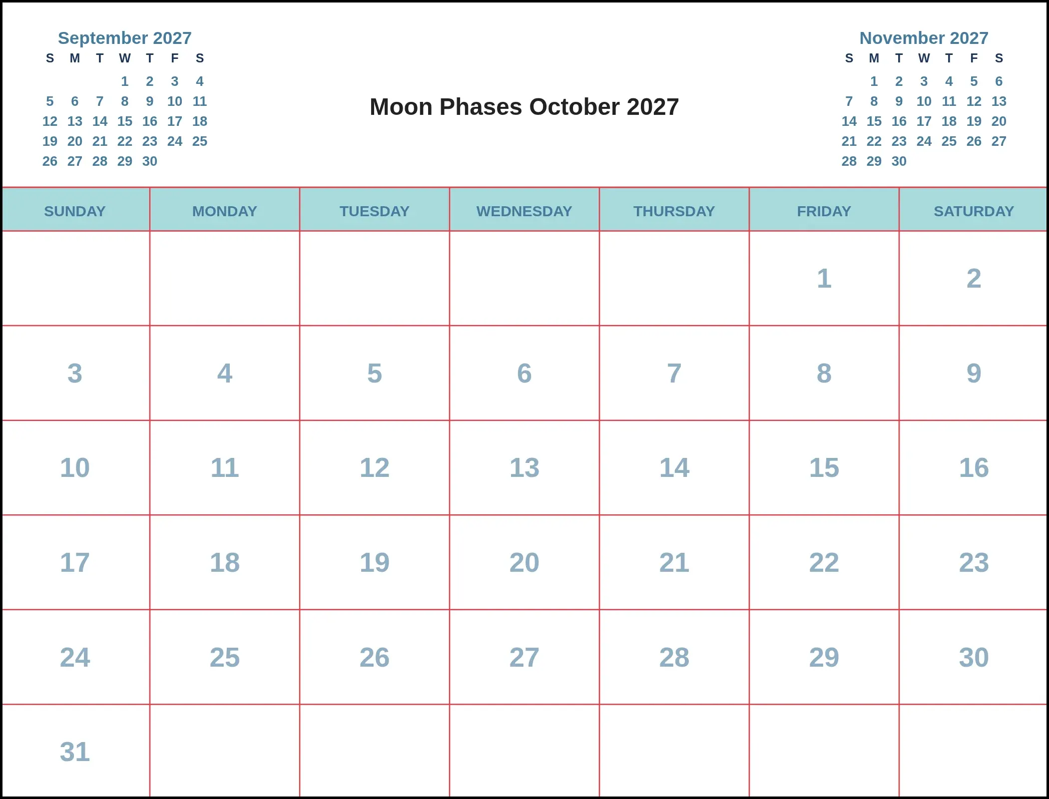 Moon Phases October 2027 With Three Month View Moon Phases October 2027 With Three Month View