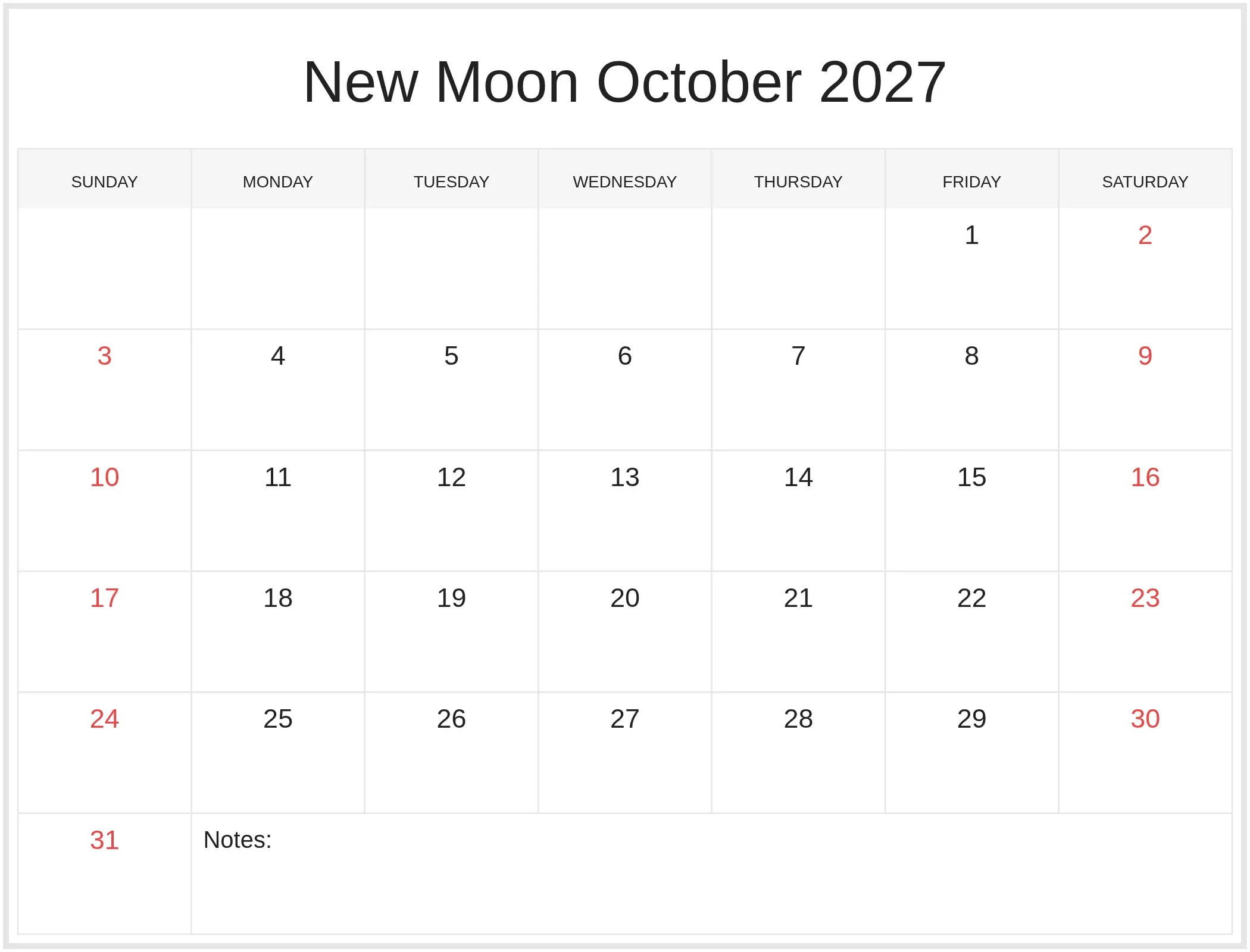 New Moon October 2027 with Notes Bottom Landscape