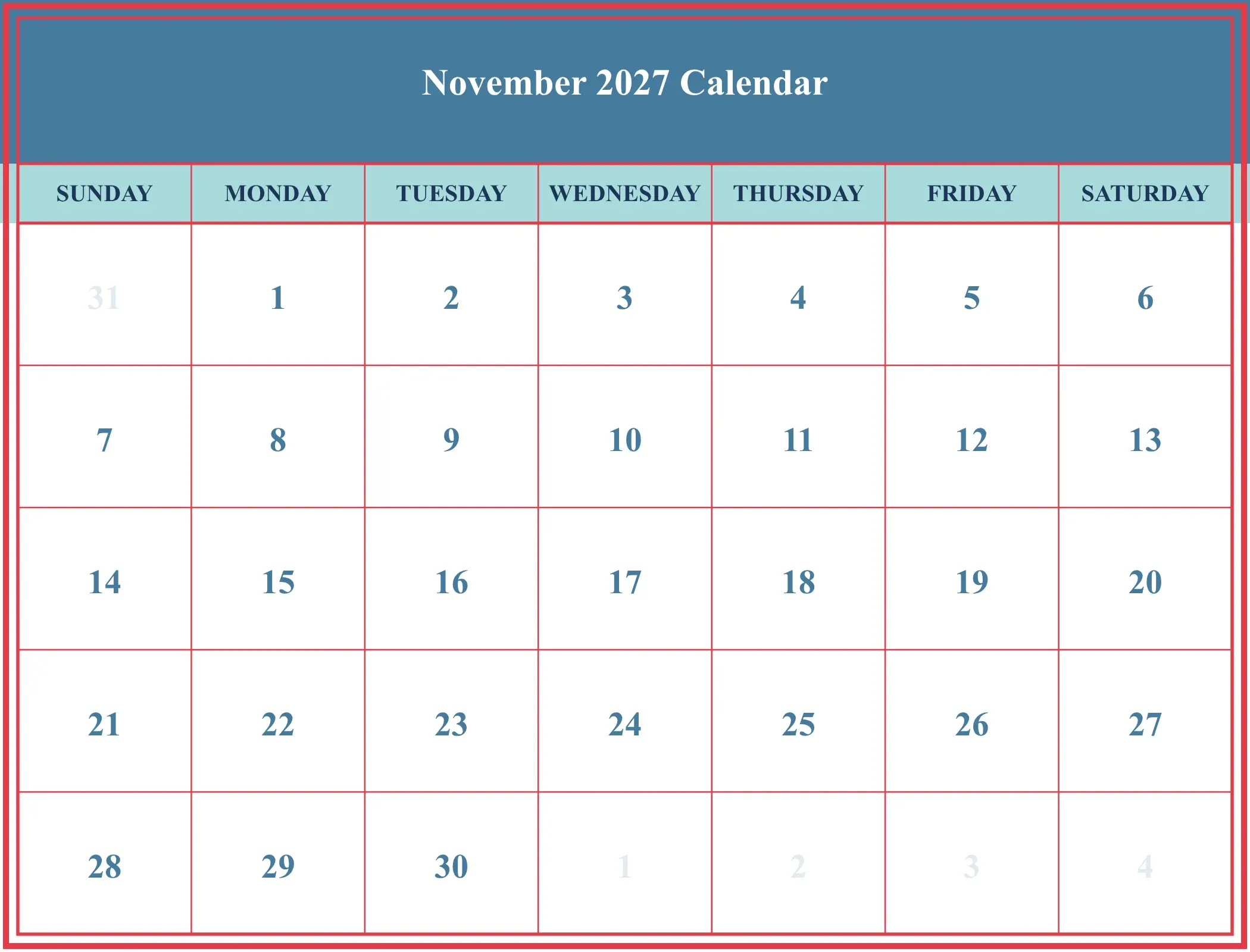 November 2027 Calendar Download Landscape November 2027 Calendar Download Landscape
