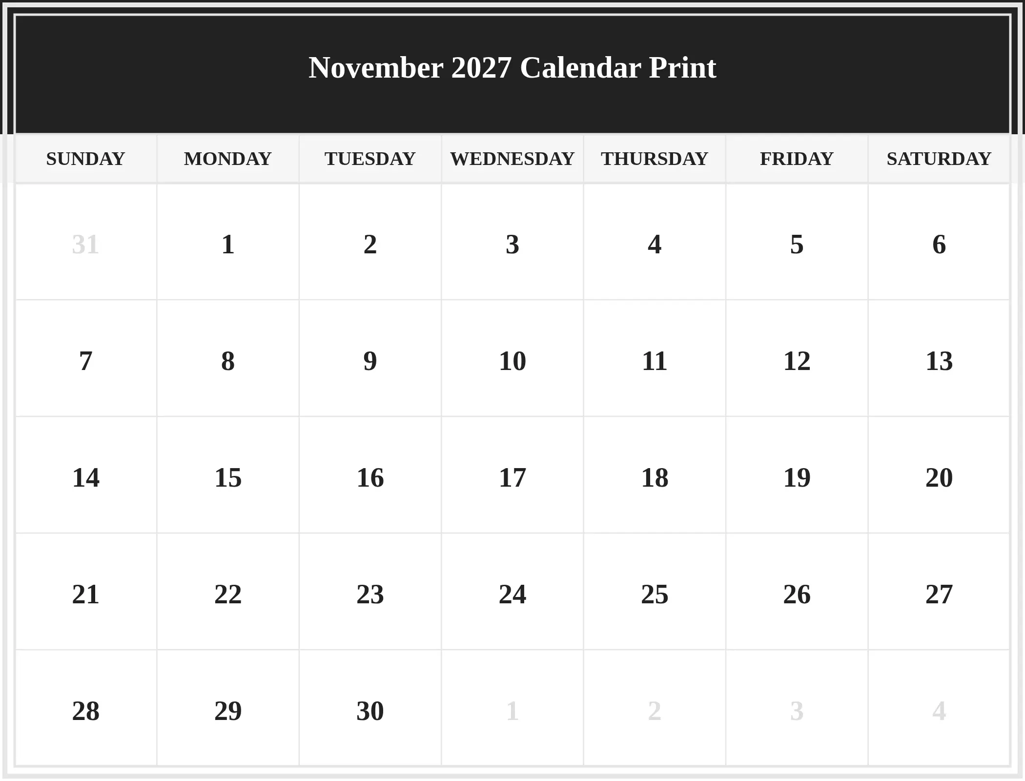 November 2027 Calendar Print Download Landscape November 2027 Calendar Print Download Landscape