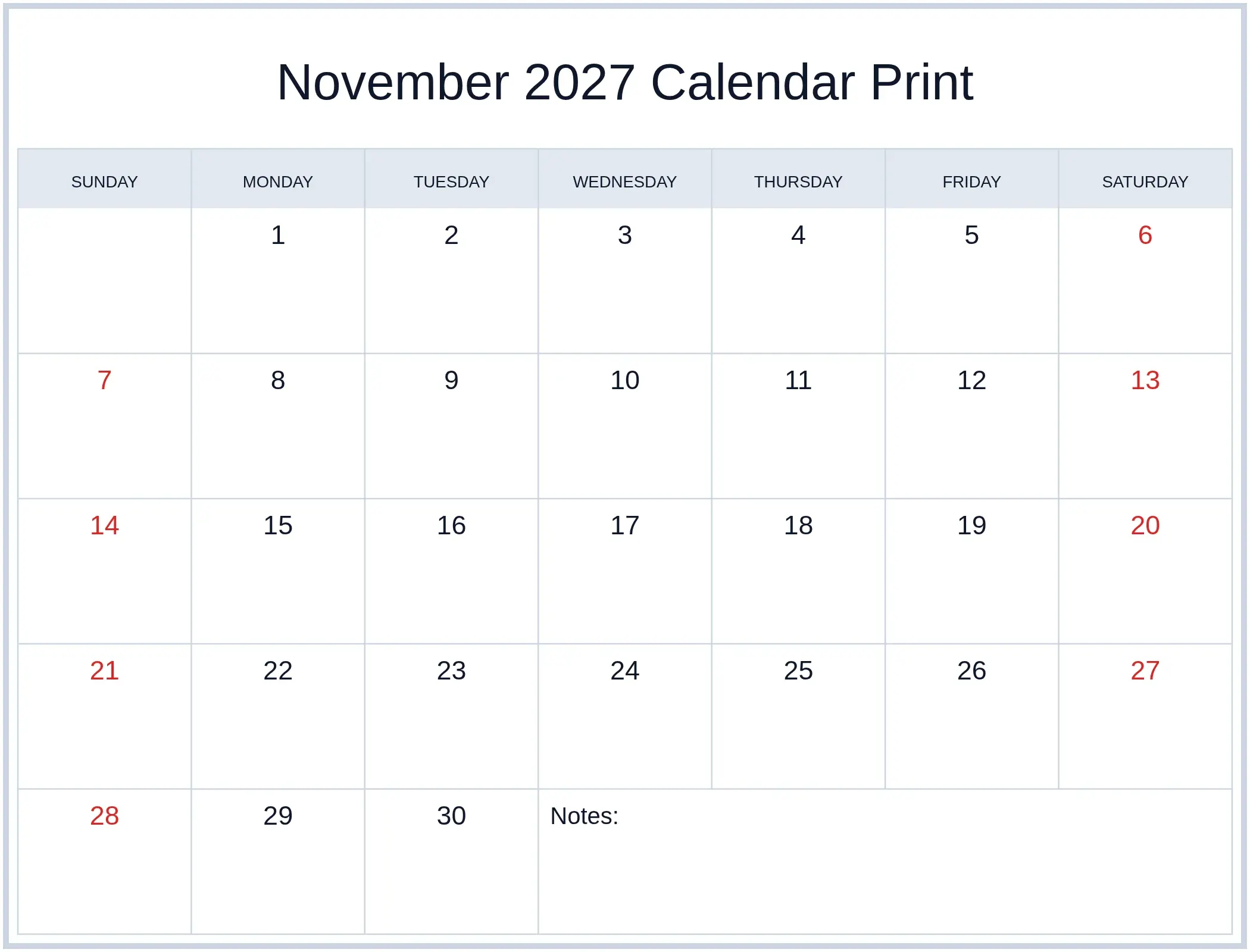 November 2027 Calendar Print with Notes Bottom Landscape